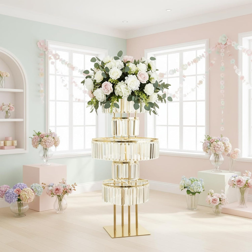 5-Tier Crystal Gold Vase for Centerpiece - Large Wedding Decor Flower Stand, Metal Chandelier Stand with K9 Crystal Pendants, Elegant Flower Display Rack for Party Event Home Wedding Decor (Gold)