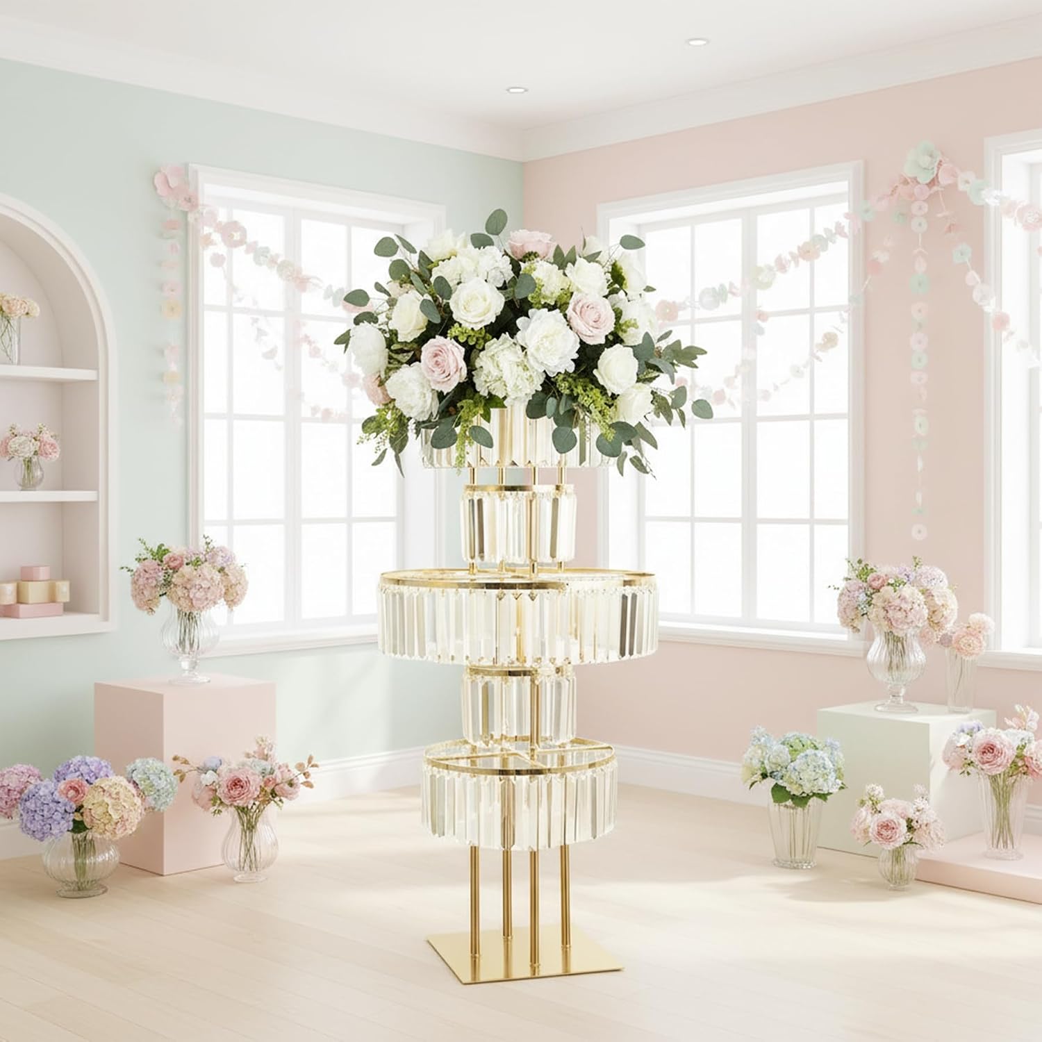 5-Tier Crystal Gold Vase for Centerpiece - Large Wedding Decor Flower Stand, Metal Chandelier Stand with K9 Crystal Pendants, Elegant Flower Display Rack for Party Event Home Wedding Decor (Gold)