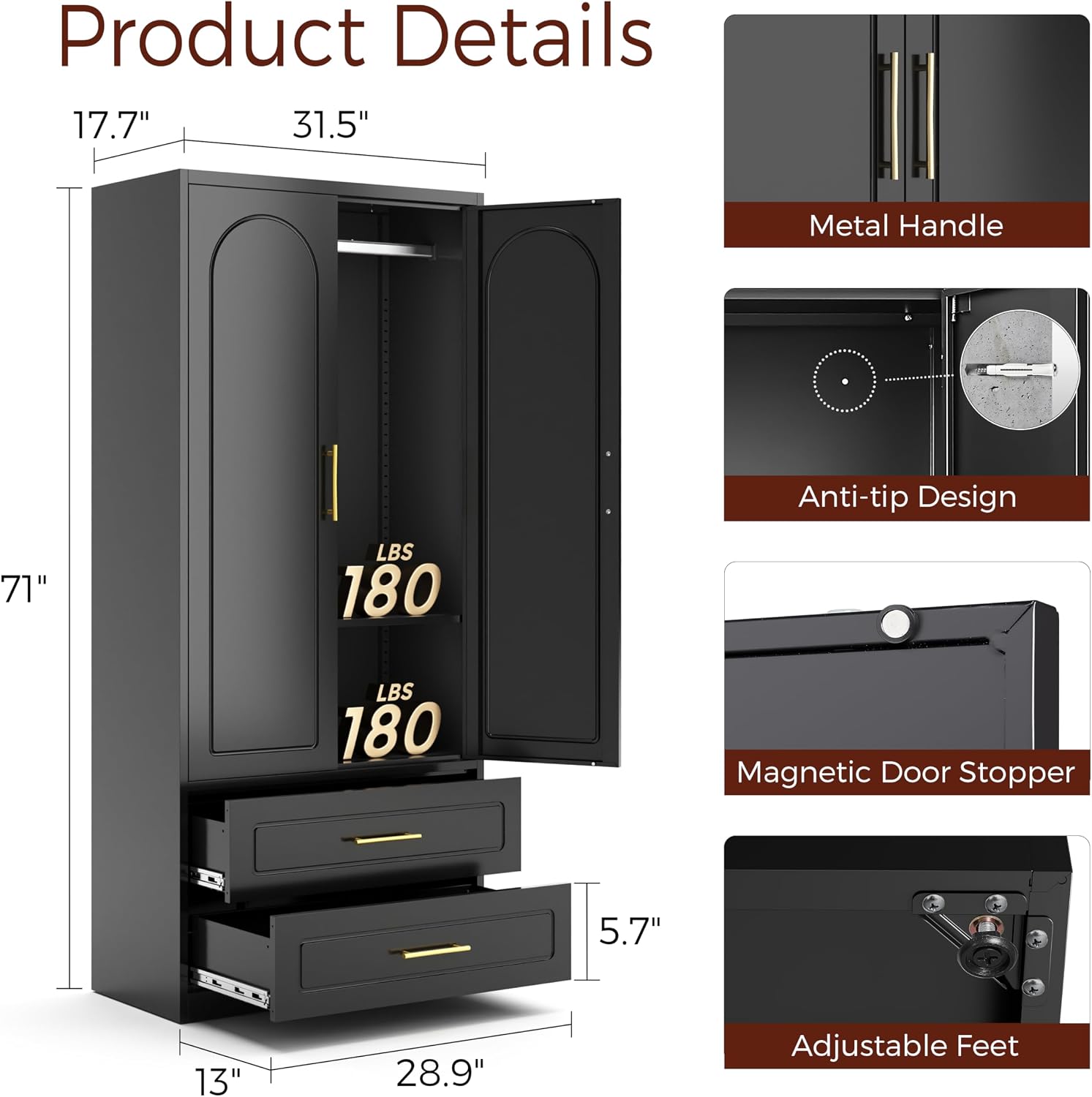 71' Metal Armoire Wardrobe Closet with Doors, Tall Wardrobe Cabinet with 2 Drawers, Hanging Rod and Adjustable Shelves, Black Clothing Storage Cabinets for Bedroom, Home Office