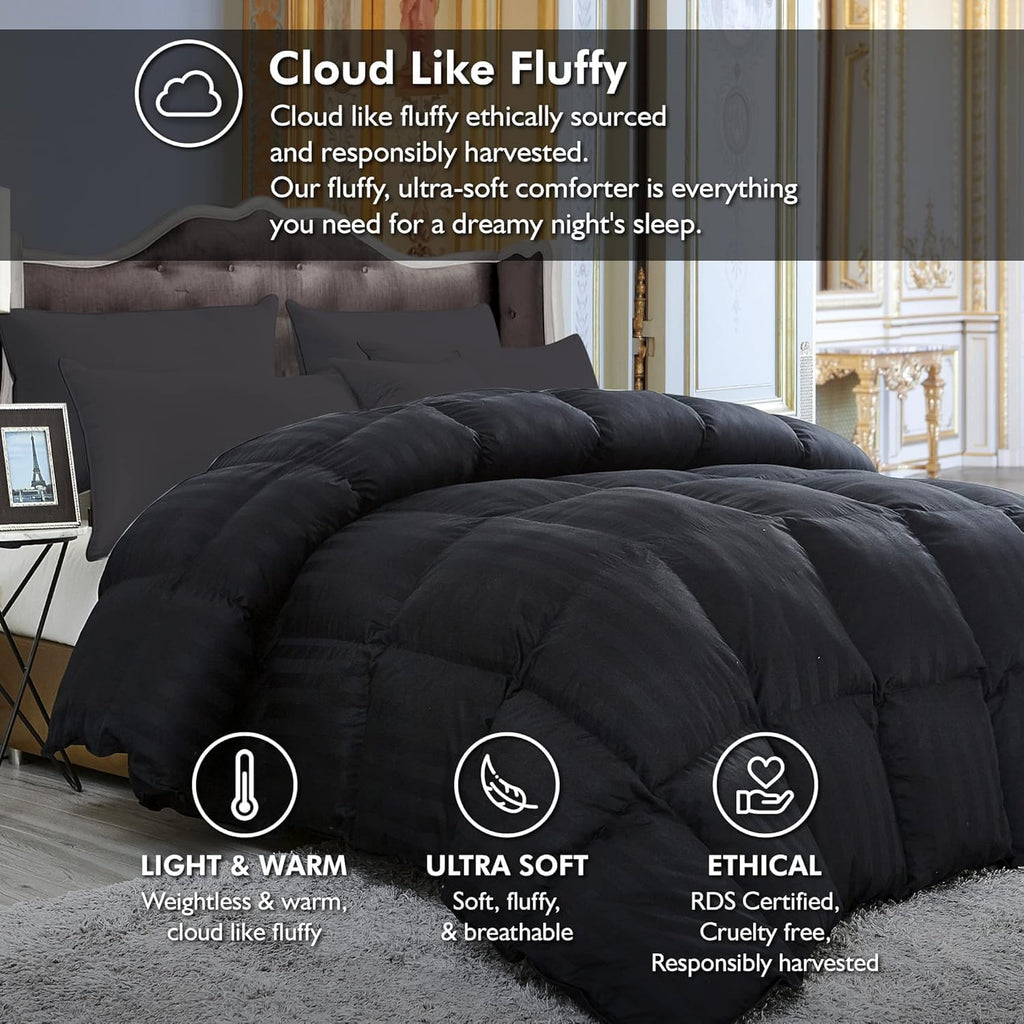 Luxurious Queen Size Goose Down Feather Fiber Comforter Duvet Insert, 100% Egyptian Cotton Cover, 60 oz. Fill Weight Comforter (Queen, Black Stripe)