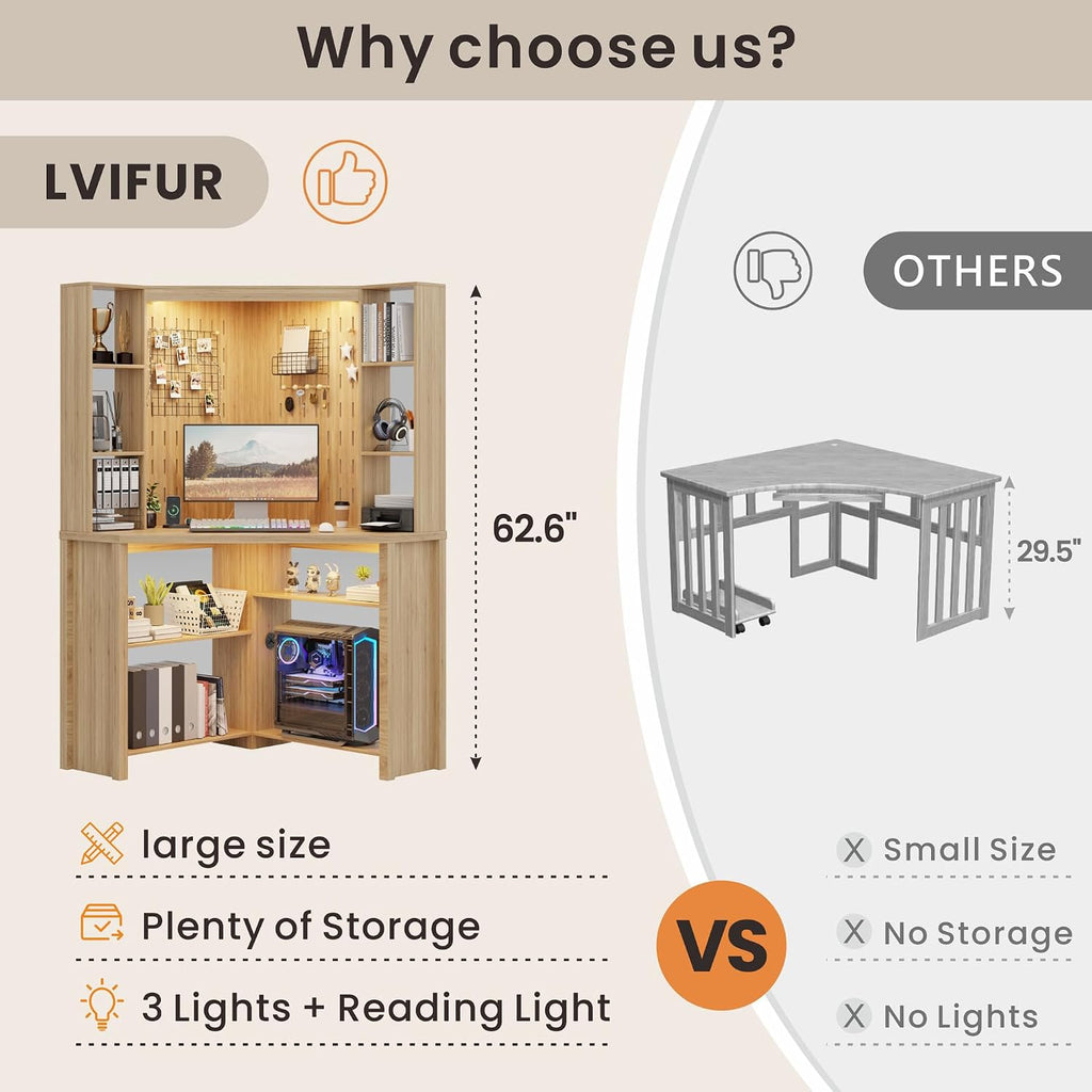 Corner Desk with - LED Reading Light, L-Shaped Computer Desk w/Hutch & Shelves, Home Office Desk w/Charging Station for Work & Study, File Cabinet Storage Bookshelf for Small Space (Natural)