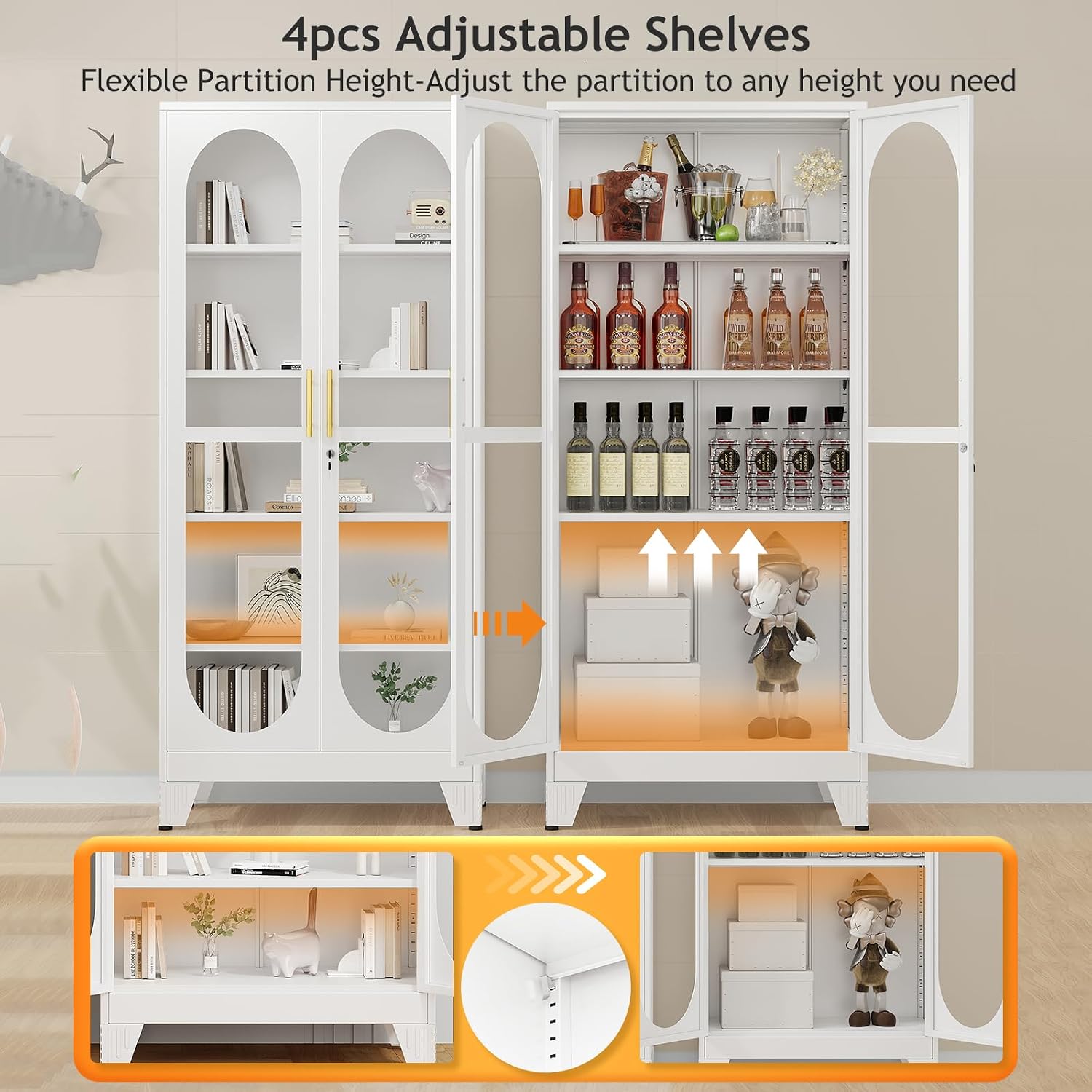 PAOFIN 71' H Locking Display Cabinet with Glass Door, Metal Curio Cabinets with 4 Adjustable Shelves, Tall Liquor Cabinet Display Case for Living Room, Collectibles, Home - Assembly Required White