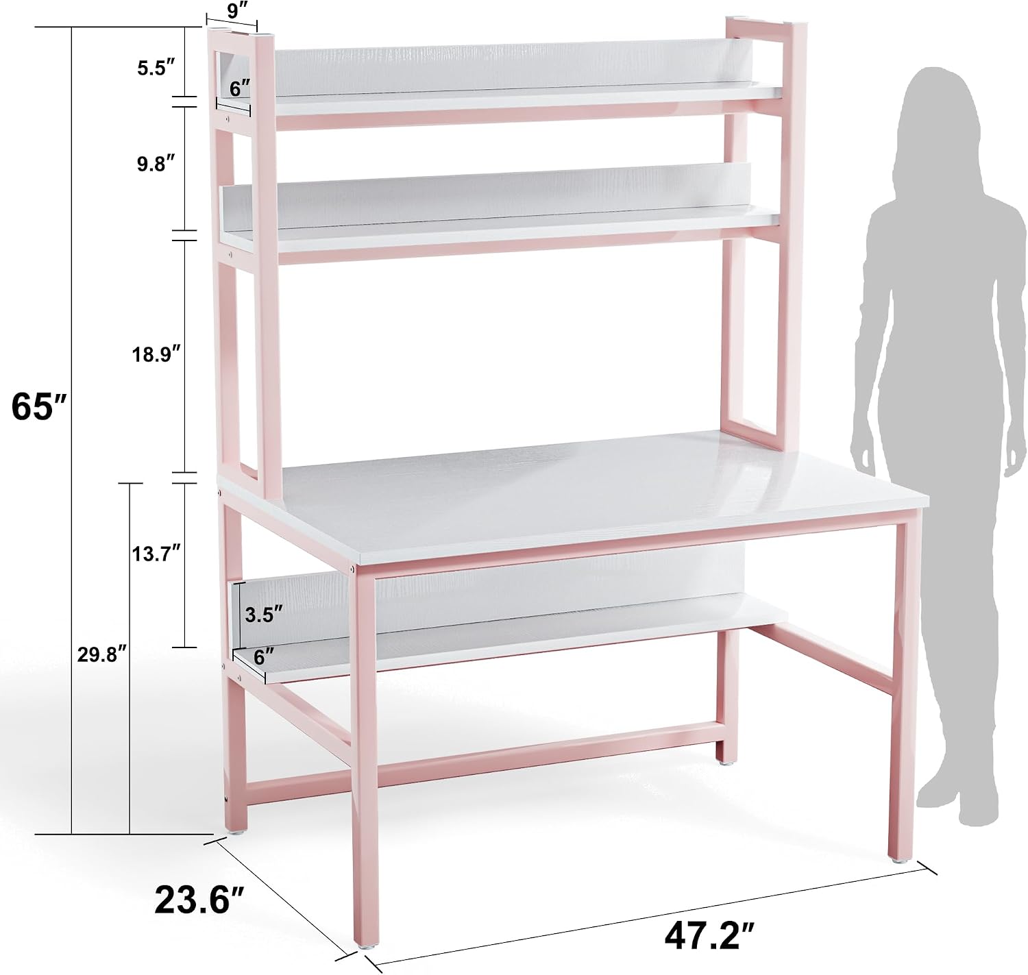 Aquzee Pink Girls Desk Hutch, 47in Woman Computer Desk with Bookshelf & Storage Shelves, Space Saving Girls Writing Study Craft Table for Bedroom Kids Room, White Wood & Pink Iron Home Office Desks