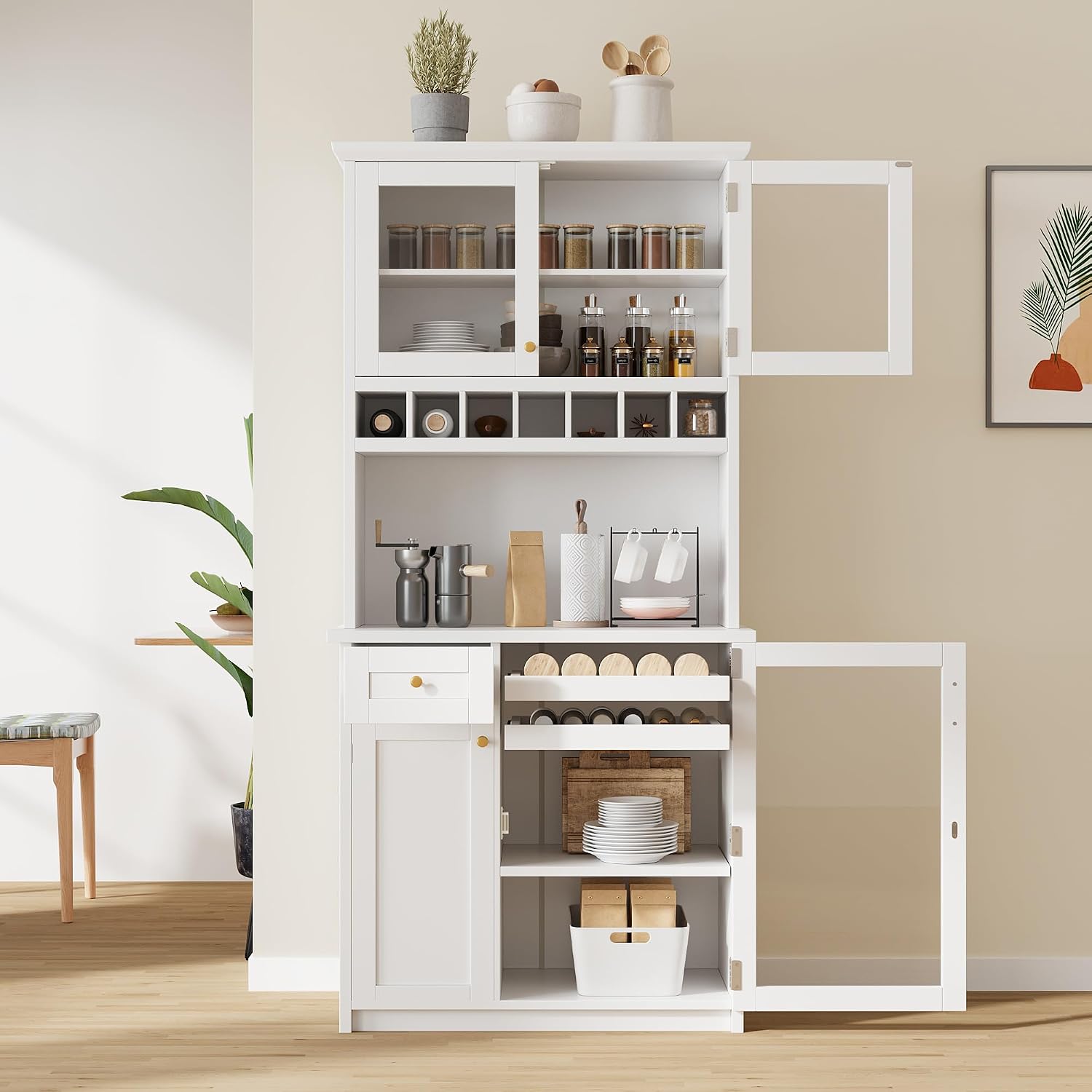 Modern 74.8 inch Tall Kitchen Pantry, Freestanding Buffet with Hutch, Kitchen Pantry Storage Cabinet with Wine Rack and Adjustable Shelves for Dining Room (White//1)