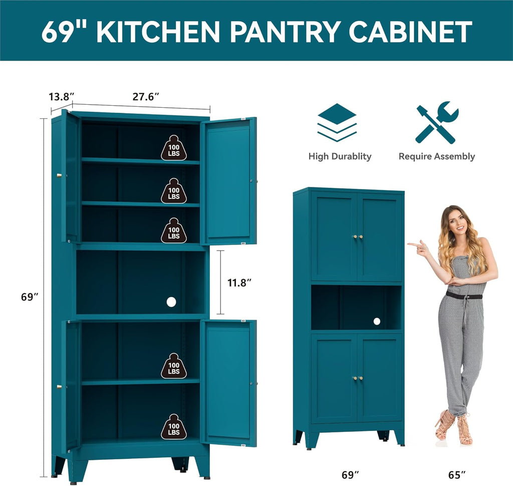 Bevivog Tall Pantry Cabinet with Microwave Shelf, 69' Metal Storage Cabinet with 4 Doors and Adjustable Shelves,Freestanding Metal Kitchen Hutch Cabinet, Blue Pantry Closet Storage Shelves with Doors