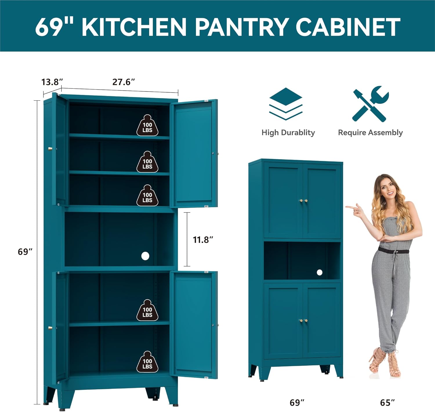 Bevivog Tall Pantry Cabinet with Microwave Shelf, 69' Metal Storage Cabinet with 4 Doors and Adjustable Shelves,Freestanding Metal Kitchen Hutch Cabinet, Blue Pantry Closet Storage Shelves with Doors