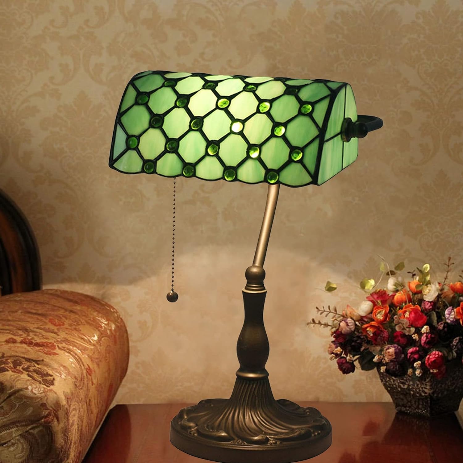 Tiffany Style Bankers Table Lamp Stained Glass Piano Desk Lamp Vintage Bedroom Bedside Lamp for Study,Antique Alloy Base,Zipper Switch,Green a