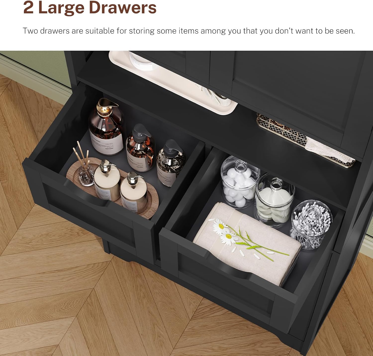 Iwell 57.8' H Tall Storage Cabinet with 2 Drawers & 2 Adjustable Shelves, Kitchen Cabinet with 4 Doors, Tall Cabinet for Living Room, Dining Room, Entryway, Black