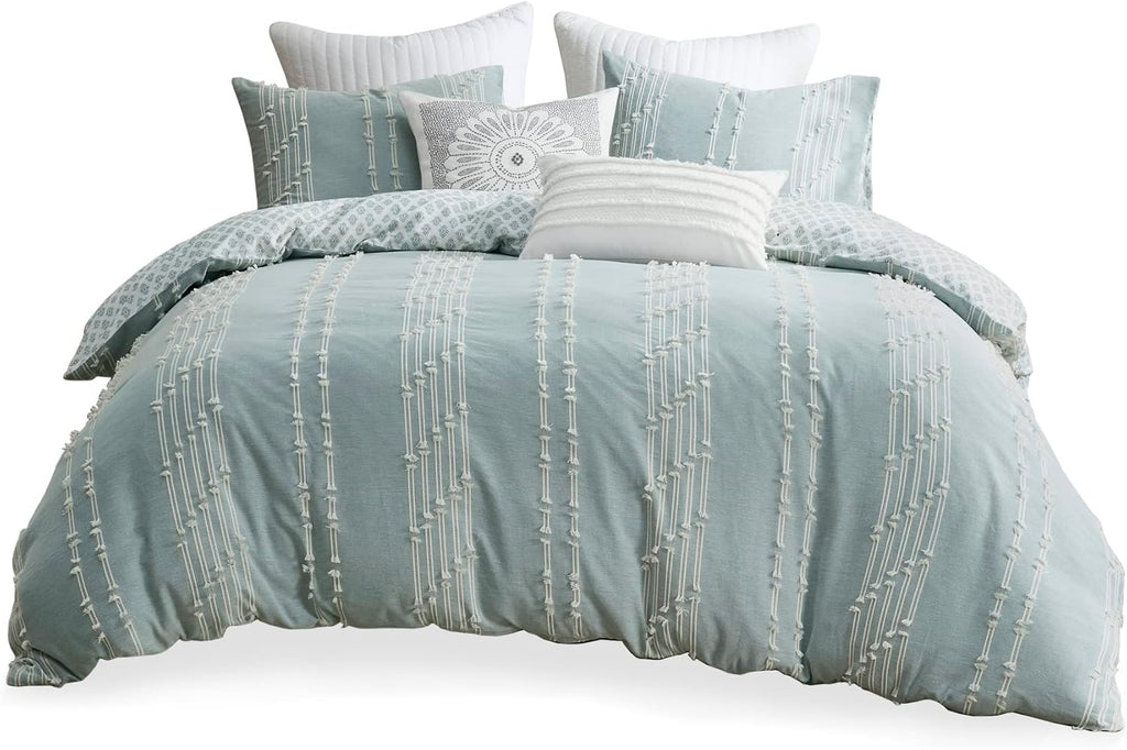 INK+IVY 100% Cotton Comforter Set Trendy Stripe Textured Design, Modern Down Alternative, All Season Cozy Bedding with Matching Shams, Full/Queen, Aqua Reversable Stripes
