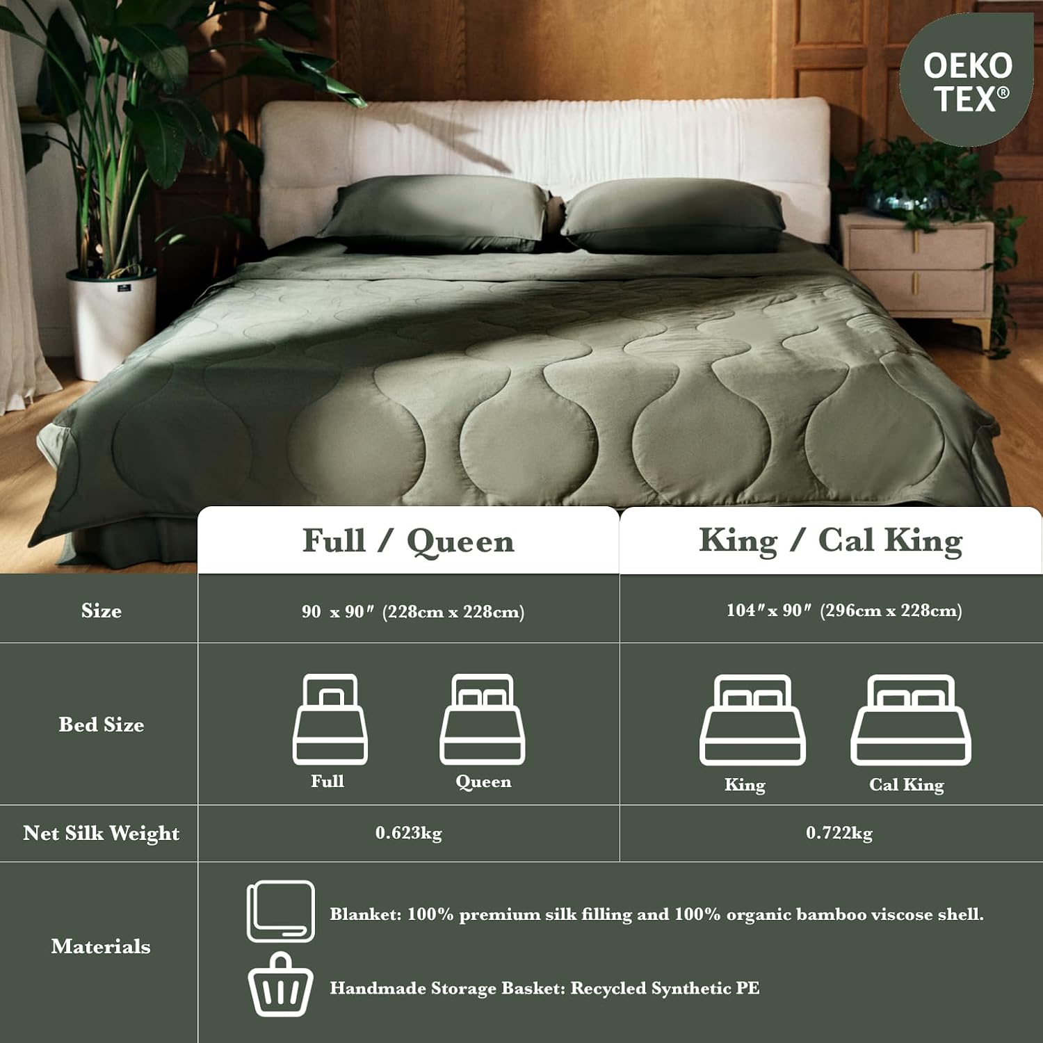 Silk Comforter King Size | 100% Mulberry Silk Fill with Organic Bamboo Viscose Shell | Summer Cooling Blanket for Hot Sleepers, Lightweight Breathable All-Season Bedding (Olive, 104'x90')