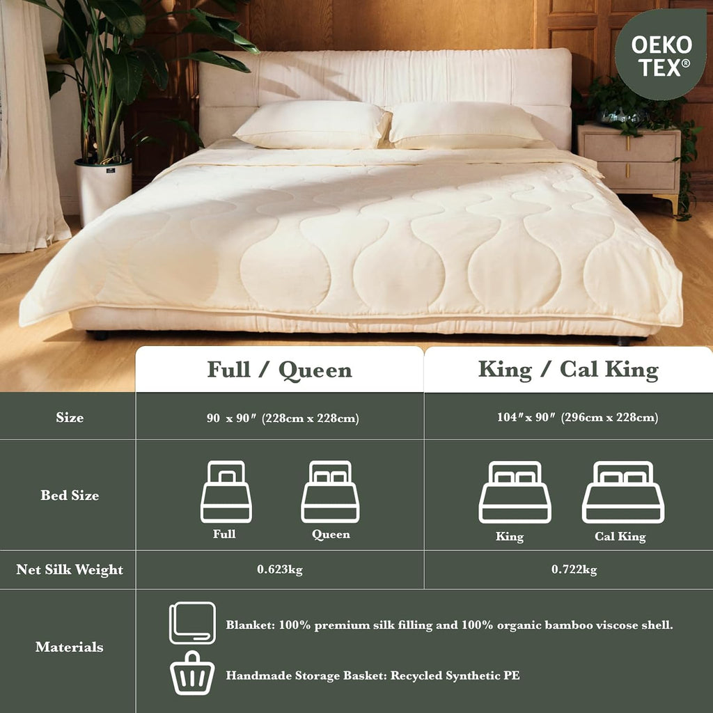 Silk Comforter Queen Size | 100% Mulberry Silk Fill with Organic Bamboo Viscose Shell | Summer Cooling Blanket for Hot Sleepers, Lightweight Breathable All-Season Bedding (Cream, 90'x90')