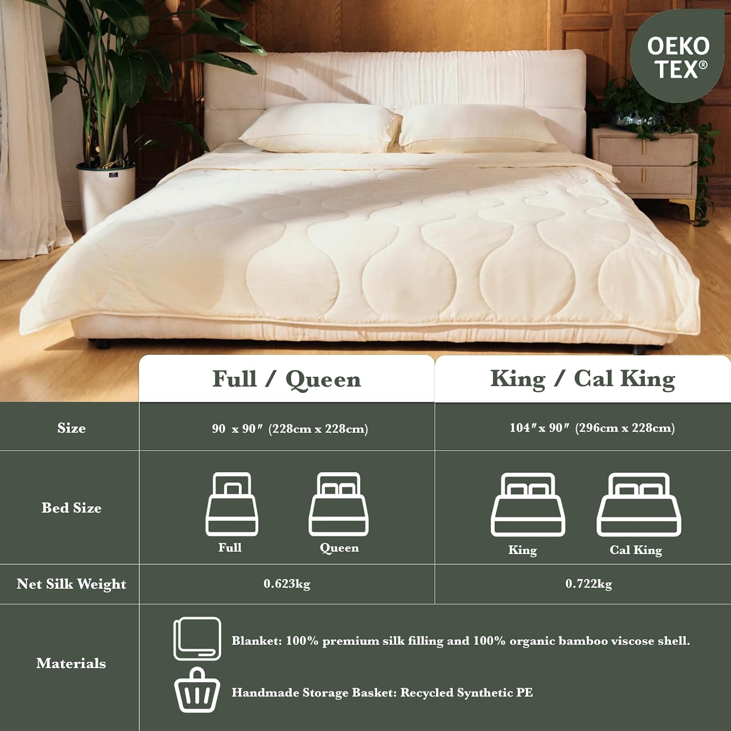 Silk Comforter Queen Size | 100% Mulberry Silk Fill with Organic Bamboo Viscose Shell | Summer Cooling Blanket for Hot Sleepers, Lightweight Breathable All-Season Bedding (Cream, 90'x90')