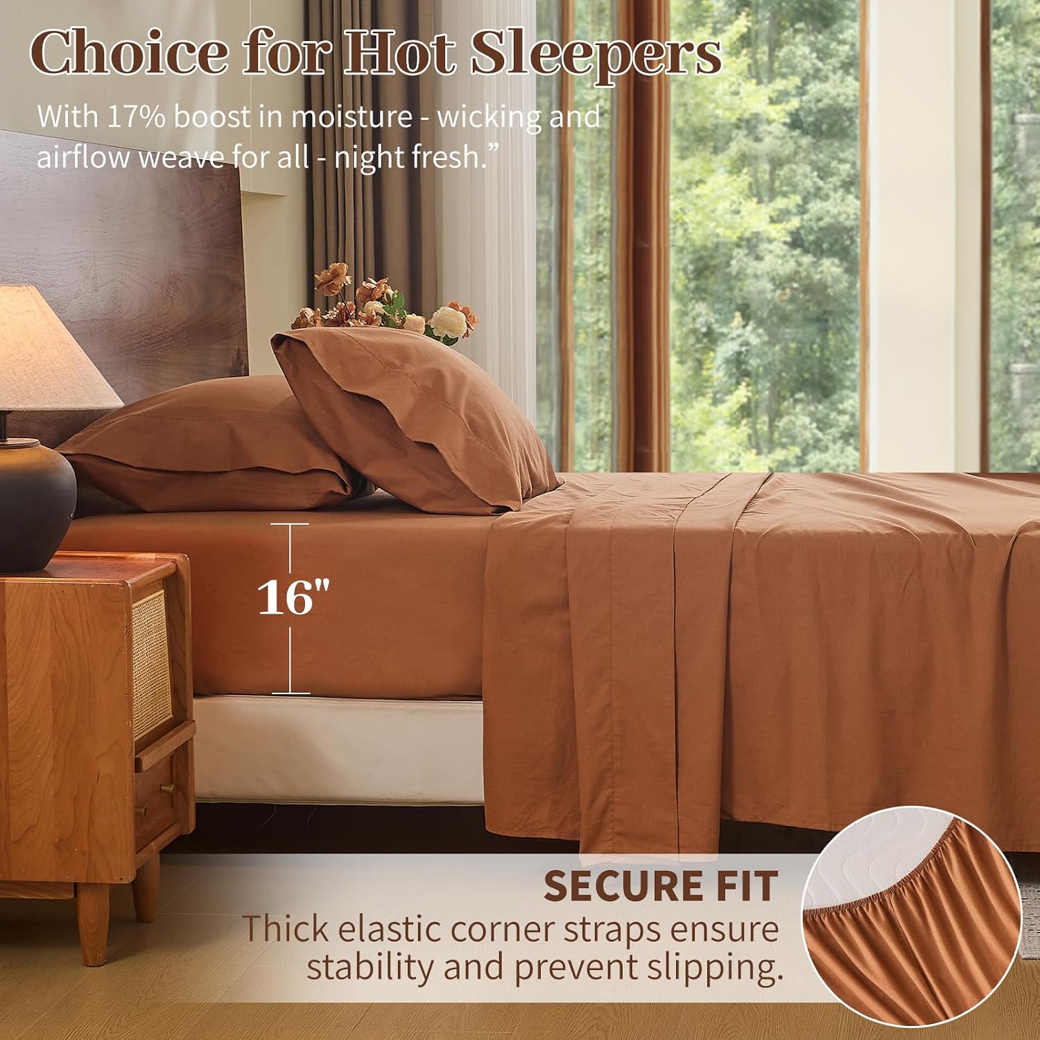 MEISHANG 100% French Pure Linen Sheets Queen Size - Bed Sheets 4 Piece Sets, Soft Durable Flax Linen, Anti-Tear Breathable Oeko-Tex Certified with 16' Deep Pocket (Brown)