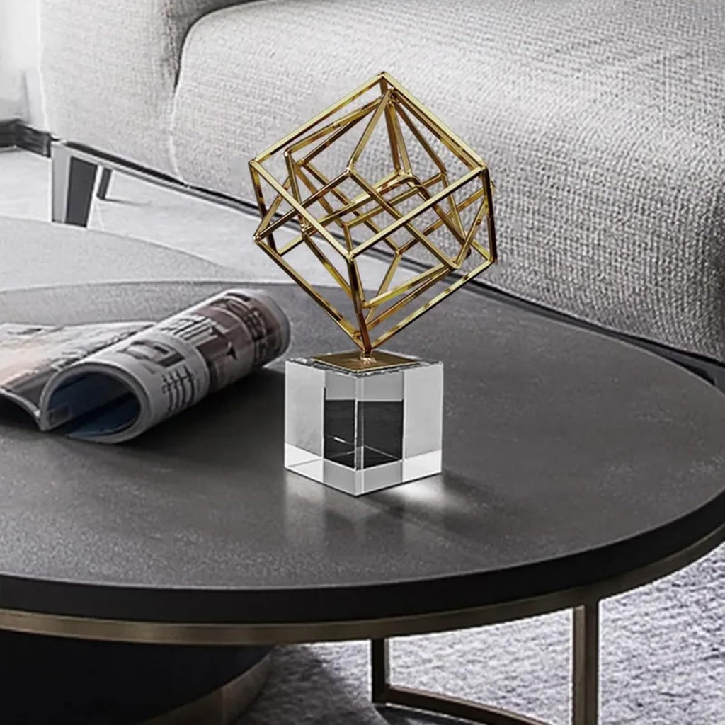 homary Modern Gold Geometric Sculpture with Crystal Base, 3D Metal Ornament Figurine, Abstract Luxury Decor Art for Living Room, Office, or Table Centerpiece