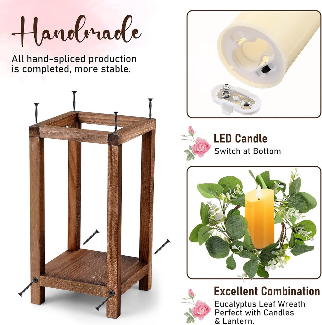 Geelin 12 Set 10.59'' Brown Wooden Lanterns for Wedding Centerpieces Include 12 Wooden Lantern 12 LED Candle 12 Eucalyptus Leaves Wreath for Wedding Baby Shower Farmhouse Rustic Table Decor