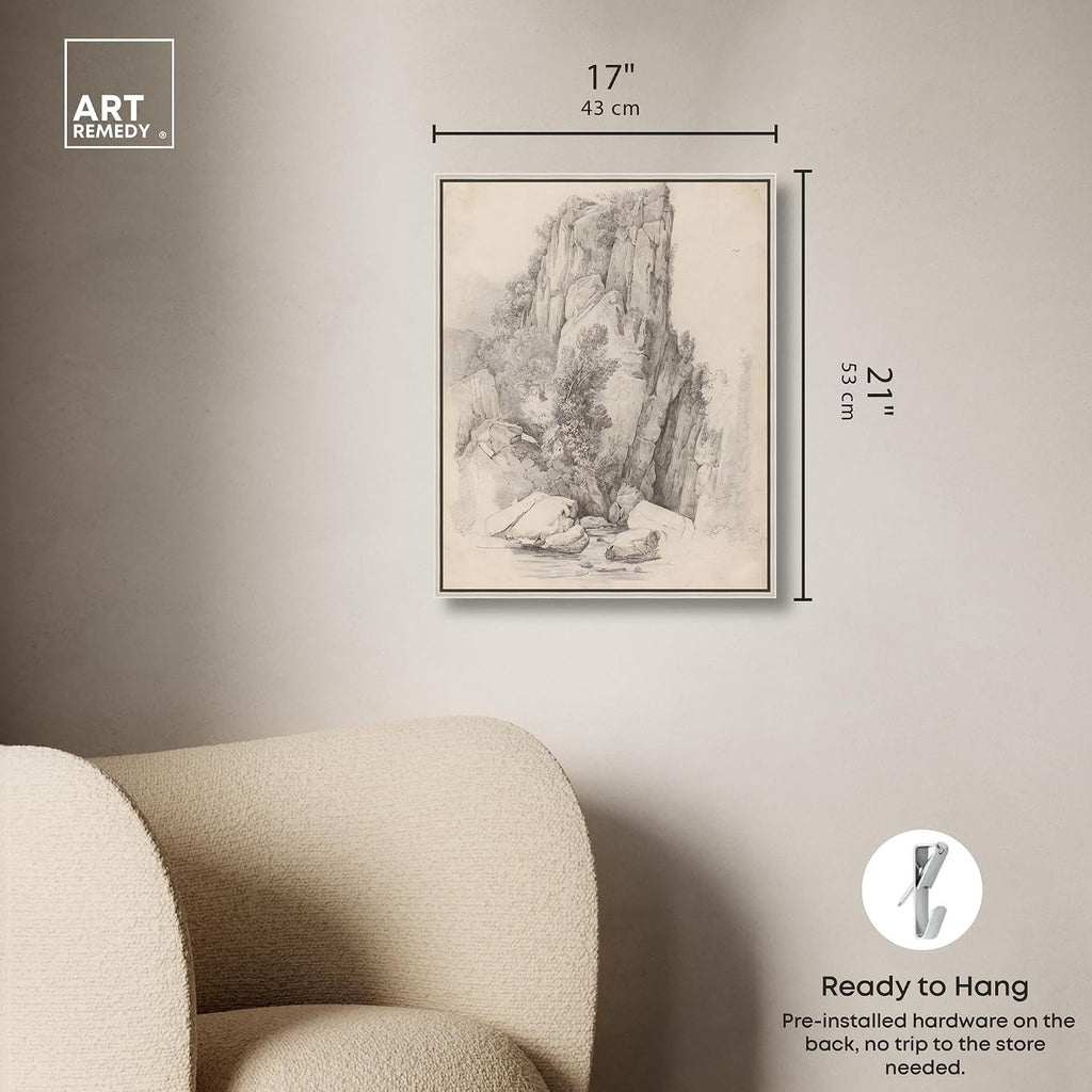 Art Remedy Rock Cliffs above a Stream 1818 Canvas Classic Sketches, Silver Frame, 16' x 20'