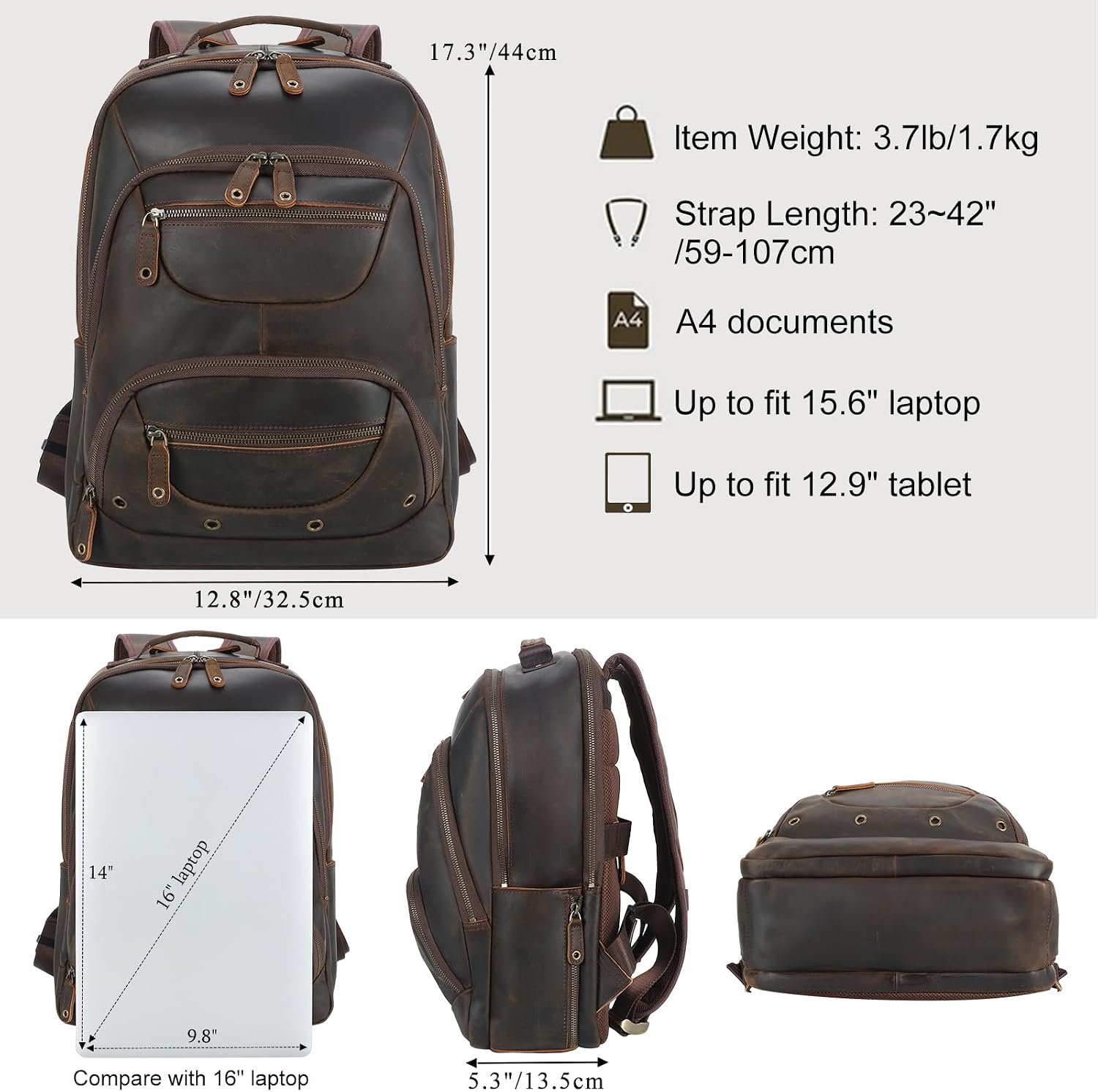 TIDING Leather Laptop Travel Backpack for Men Fits 15.6' 16' Computer, Large Business Work Bag Vintage Overnight Weekender Daypack Camping Rucksack