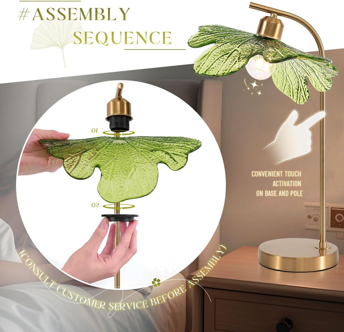 Mid Century Modern Table Lamps Set of 2, 18.9' Tall Gold Metal Base with Green Flower Glass Shade, Touch Control Nightstand Lamps for Bedroom Living Room Office