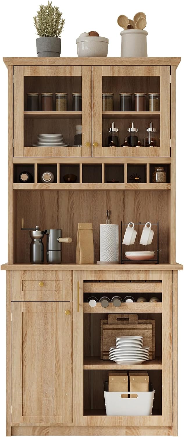 Modern 74.8 inch Tall Kitchen Pantry, Freestanding Buffet with Hutch, Kitchen Pantry Storage Cabinet with Wine Rack and Adjustable Shelves for Dining Room (Natural//1)