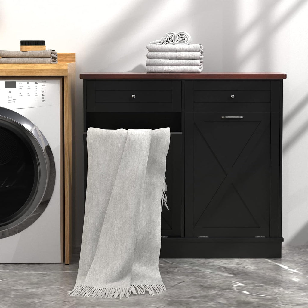 TOLEAD Double Tilt Out Trash Cabinet Free Standing 10 Gallon Recycling Trash Can Cabinet with Barn Door for Farmhouse Kitchen,Living Room, Dining Room, Black