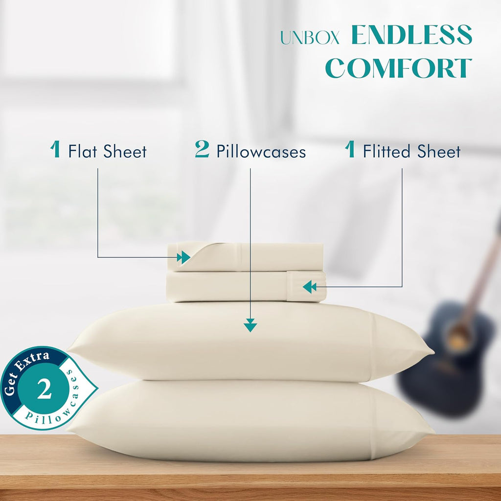 XOOX Linen 100% Egyptian Cotton Queen Sheet set - Luxury 1200 High Thread Count Egyptian Cotton Sheets Queen Size Bed Set (4 PC, Ivory), Silky Soft, Cooling, 17' Deep Pocket Sateen Weave Hotel Bedding
