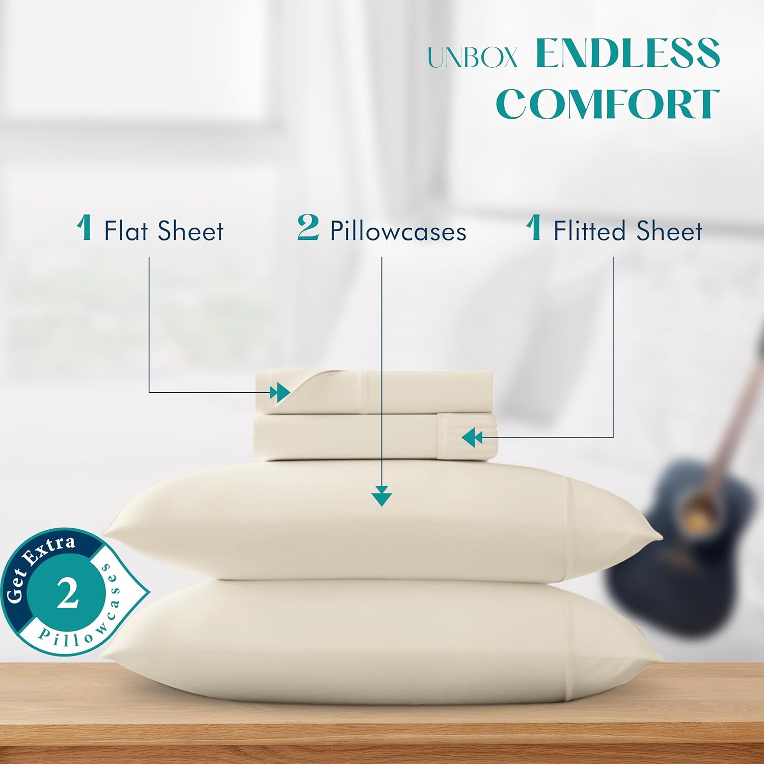 XOOX Linen 100% Egyptian Cotton Queen Sheet set - Luxury 1200 High Thread Count Egyptian Cotton Sheets Queen Size Bed Set (4 PC, Ivory), Silky Soft, Cooling, 17' Deep Pocket Sateen Weave Hotel Bedding