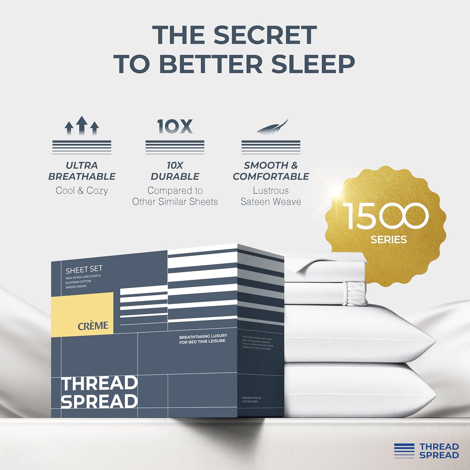 THREAD SPREAD 100% Egyptian Cotton Sheets Queen Size - Luxury 1500 Series Queen Sheet Set Egyptian Cotton (4 PC, White), Silky Soft, Sateen Weave, Cooling & Breathable, 17' Deep Pocket Bed Set