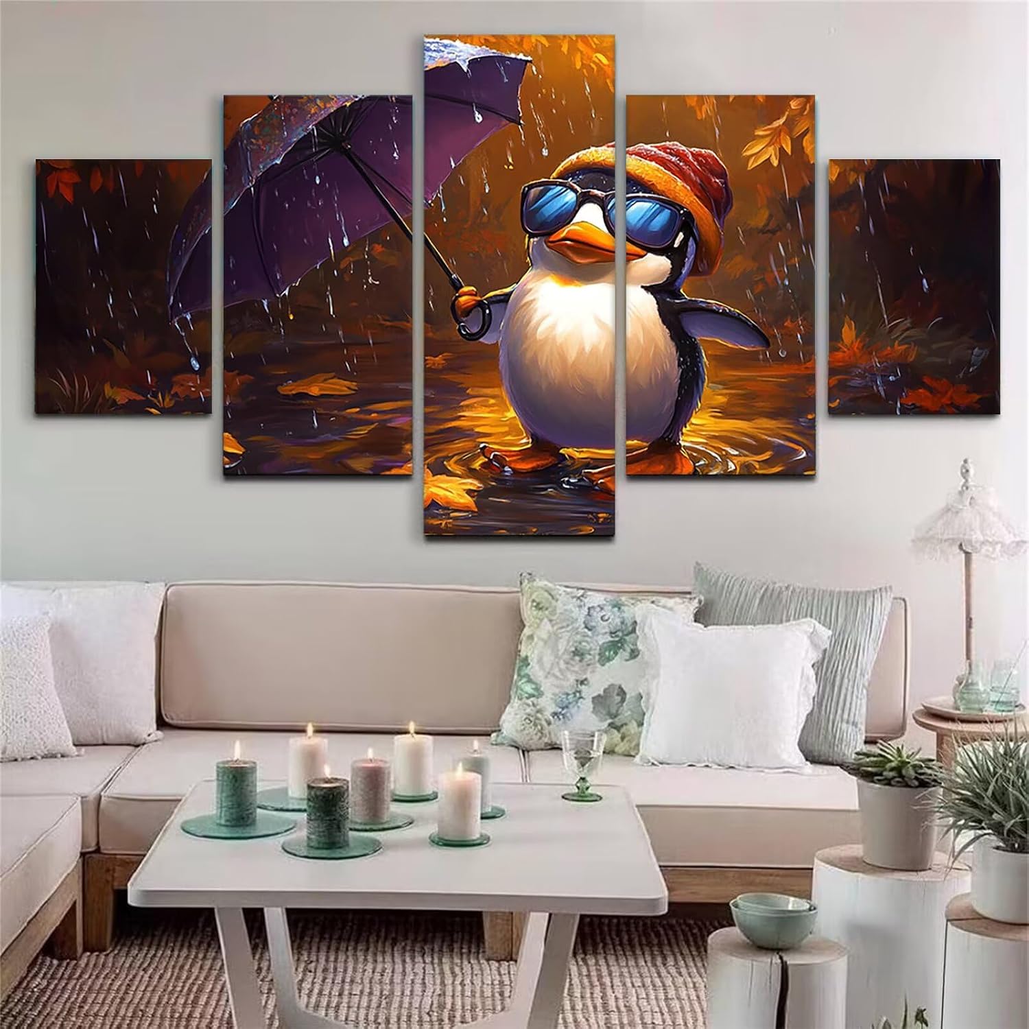Animal Diamond Art 5 Piece Diamond Painting Penguin 5D DIY Full Square Drill Dimond Art Paintings Crystal Crafts for Adults Gem Painting for Home Decor, Large Artwork for Wall 48 x 100 Inch, Model384