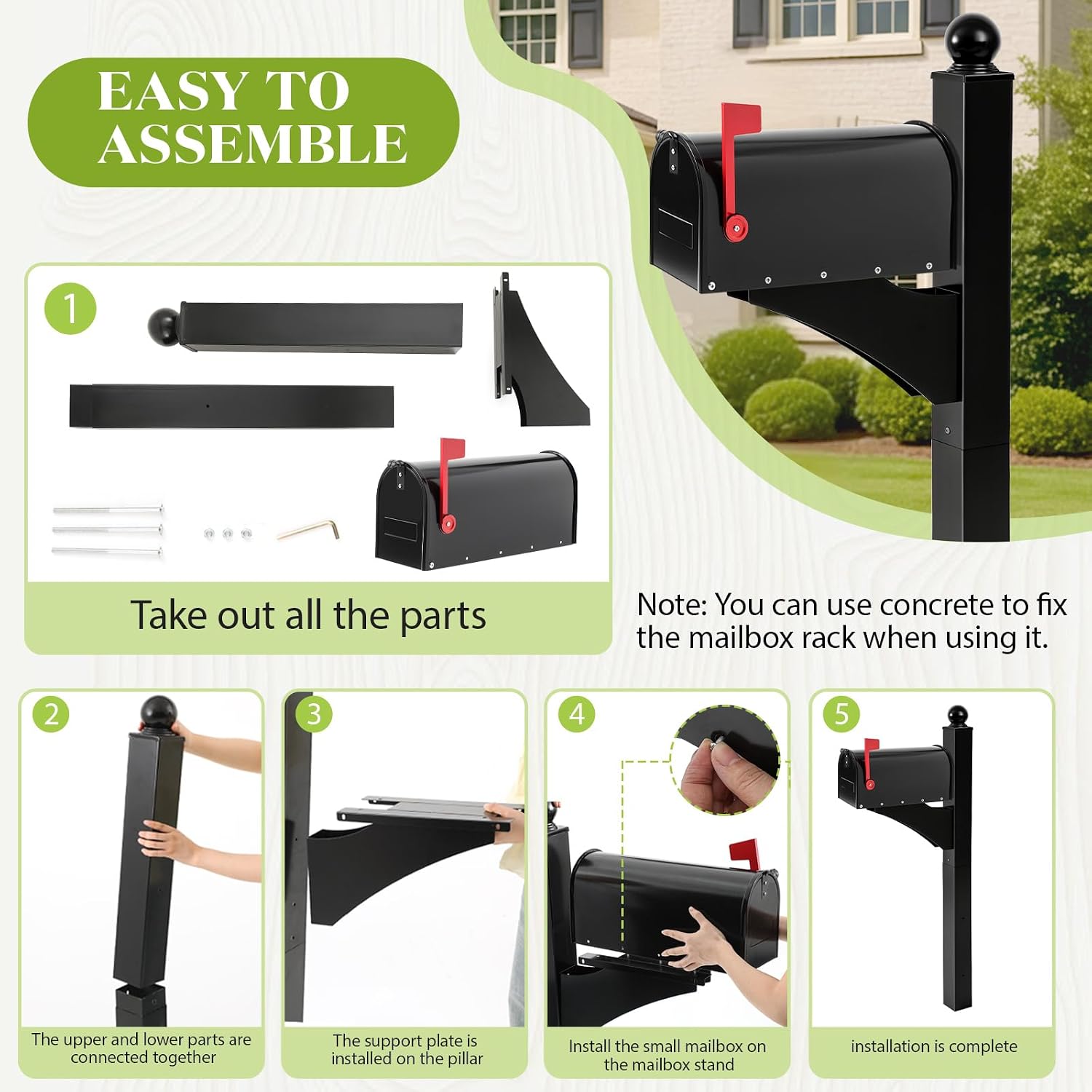 Colingmill Black 1 Set Iron Mailbox Posts with Mailbox for Outside Ground Mounting Post 56 Inch Tall Heavy Duty Architectural Stand with 8 Screws for Outdoor Use