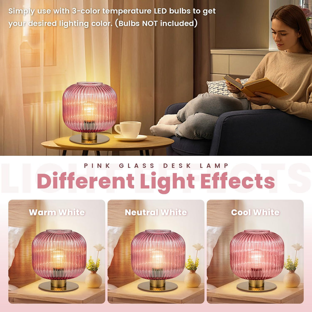 Glass Lamps Set of 2, Vintage Gold Table Lamps for Living Room End Table, Mid Century Bedside Table Lamp with Ribbed Glass Globe, Cute Desk Lamp Pink Nightstand Lamp for Girls Bedroom