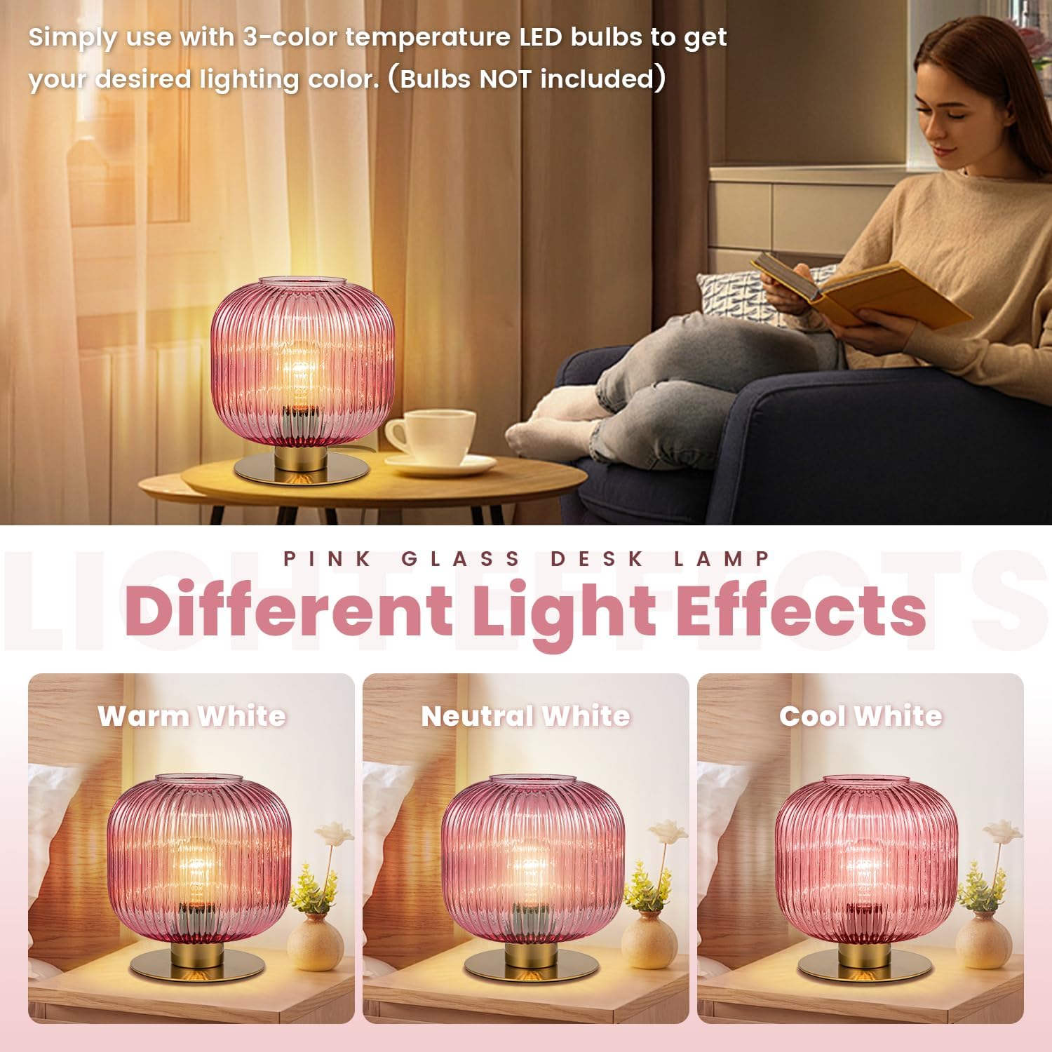 Glass Lamps Set of 2, Vintage Gold Table Lamps for Living Room End Table, Mid Century Bedside Table Lamp with Ribbed Glass Globe, Cute Desk Lamp Pink Nightstand Lamp for Girls Bedroom