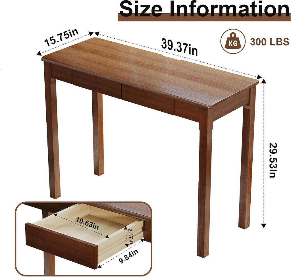 Solid Wood Desk with Drawers - 39' Narrow Desks for Small Spaces, Mid Century Modern Desks, Small Wooden Vintage Computer Writing Desk, Study Table for Home Office Bedroom, Walnut