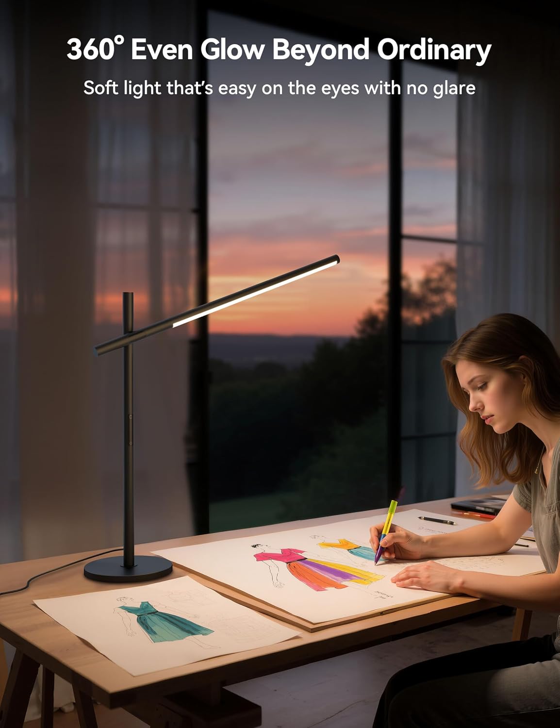 Tubicen Rotatable Desk Lamp 360° Joint Reading Table Lamp Adjustable Arm/Head Work Desk Lighting 3 Color 4- Stage Modern LED Touch Dimmable Angle Desk Task Lamp for Office Bedroom 15W Black