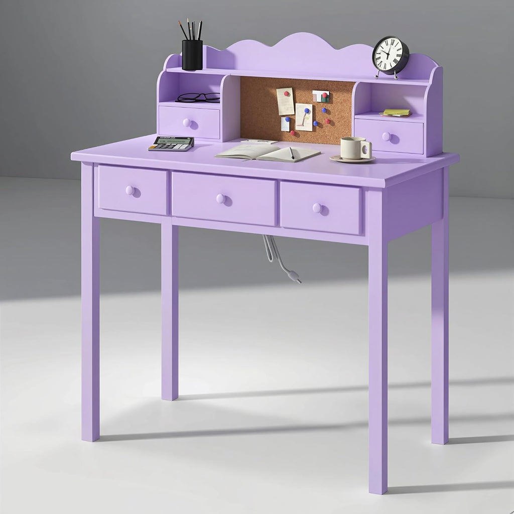 FUNKOCO Home Office Furniture Writing Desk, 36 Inch Computer Work Station with Detachable Hutch for Small Place, 5 Drawers(Purple)