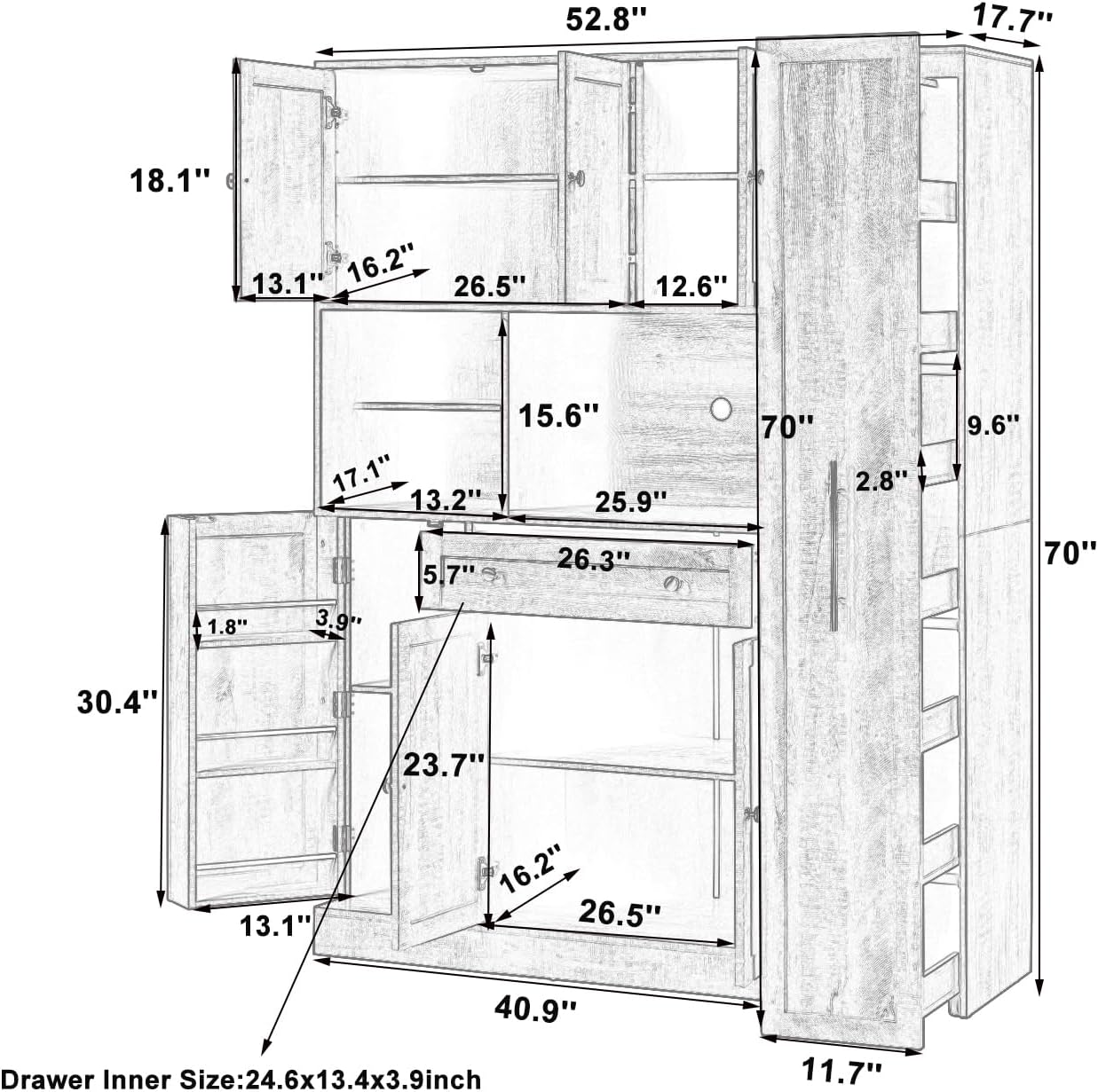 Modern 70inch Kitchen Pantry Storage Cabinet Cupboard with Hutch, Freestanding Buffet with Pull-Out Side Cabinet and Drawer for Living Room, Kitchen