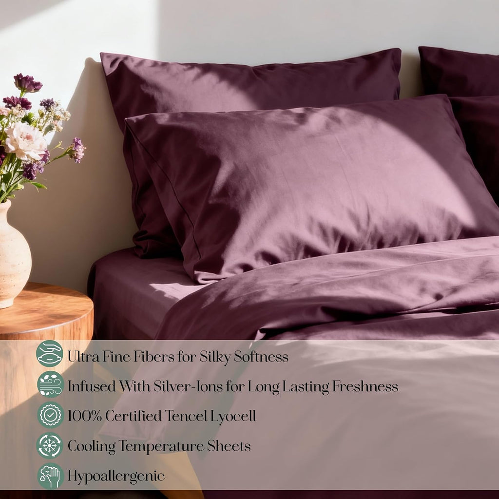 CASILVA Eucalyptus Sheets - Infused with Silver for Anti-Odor, Softer Than Silk Fibers, More Cooling Than Cotton - Perfect for Hot Sleepers & Sensitive Skin - 100% Tencel Lyocell - Queen Sheet Set