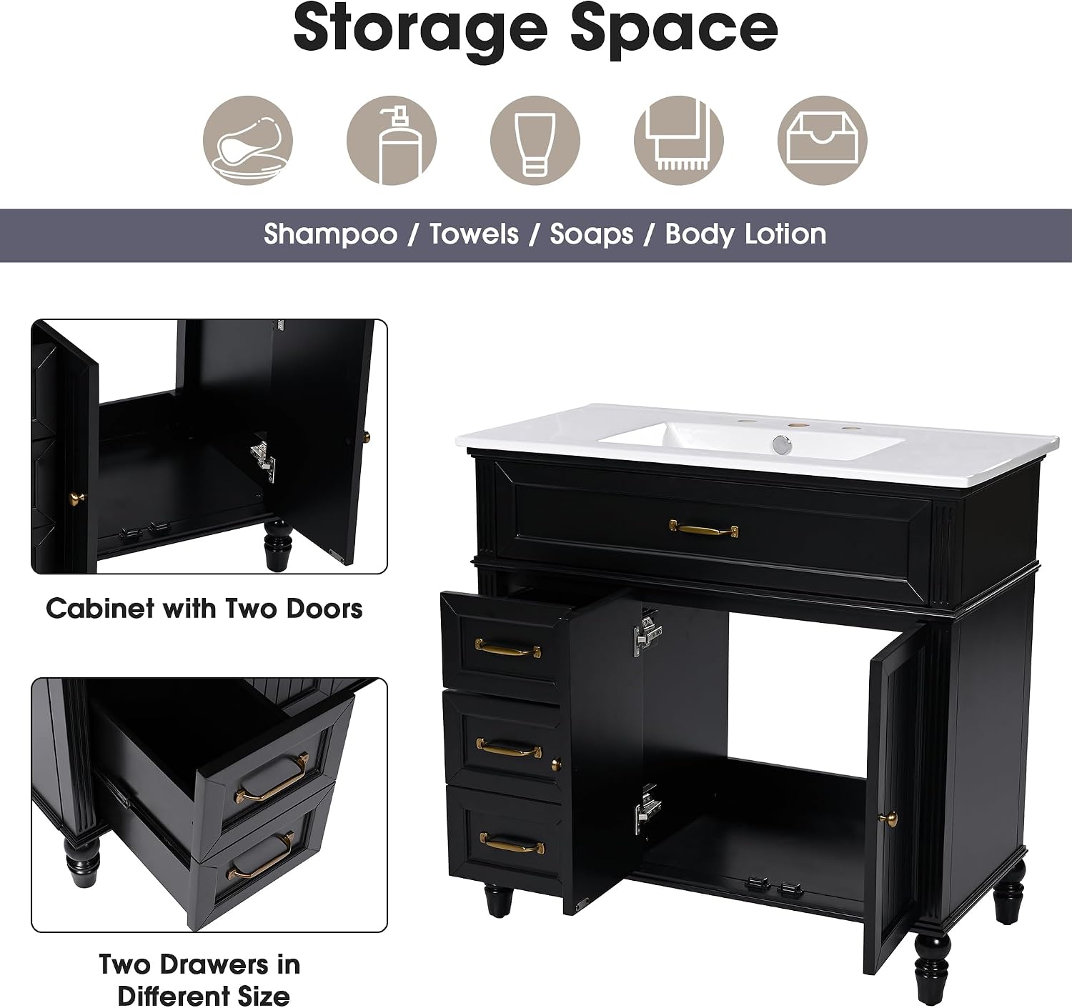 Flieks 36' Bathroom Vanity with Sink, Black Bathroom Cabinet with Drawers, Solid Frame and MDF Board, One Package