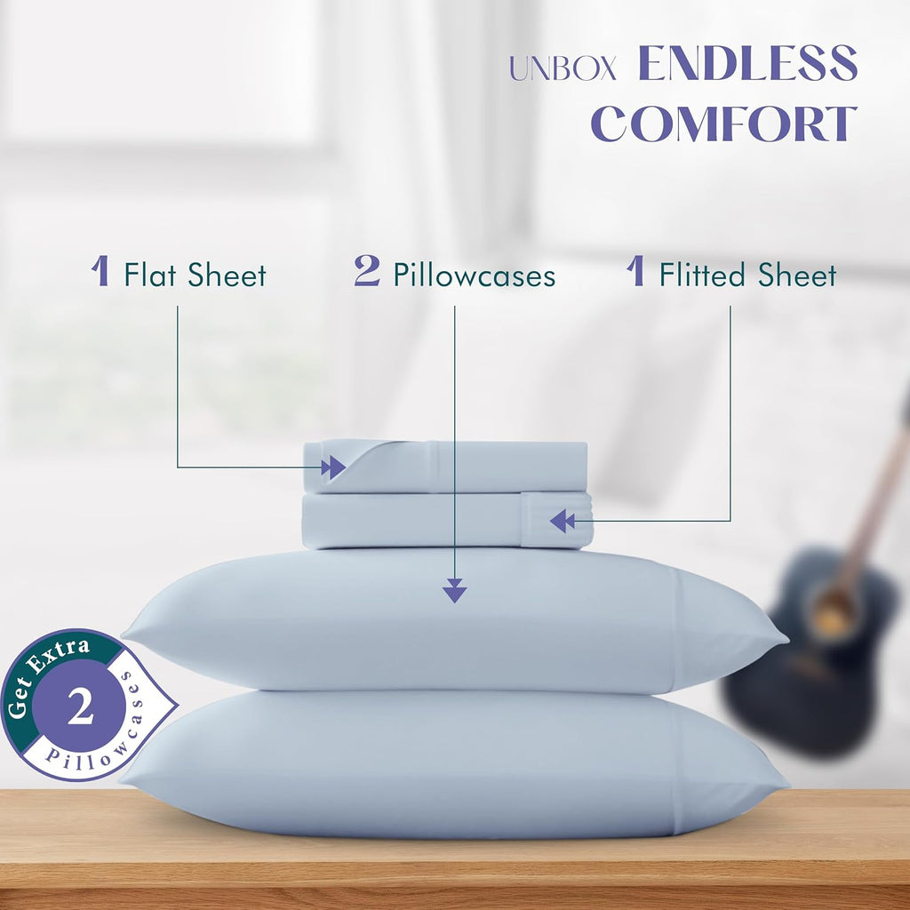 XOOX Linen 100% Egyptian Cotton Sheets Queen Size Bed Set - Luxury 1500 High Thread Count Egyptian Cotton Queen Sheet Set (4 PC, Light Blue), 17' Deep Pocket, Silky Soft, Cooling, Sateen Bedding
