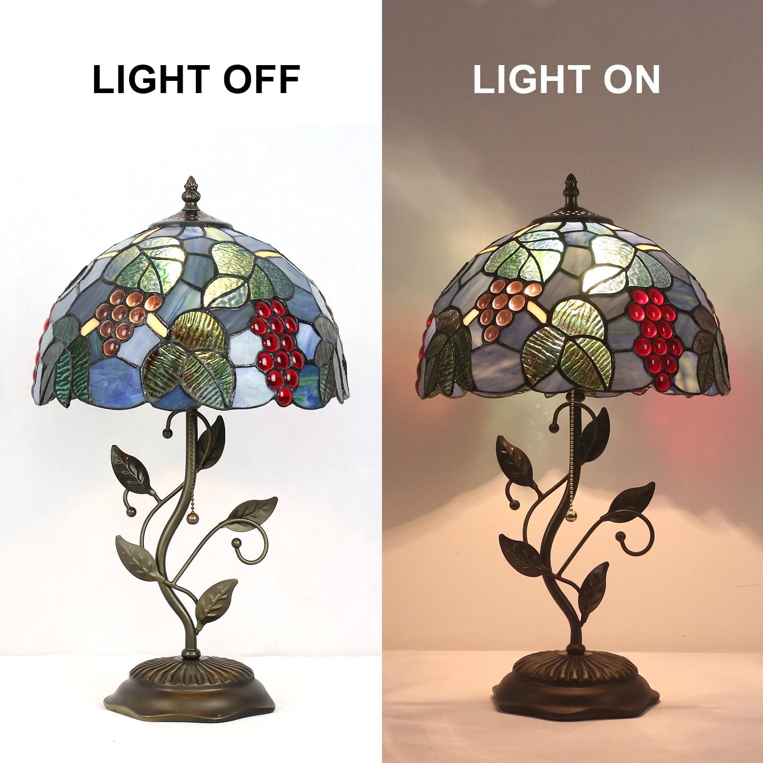 Tiffany Stained Glass Table Lamp with Grape Design, Metal Leaf Base, 12x12x19 Inch, for Bedroom, Living Room, Home, Office