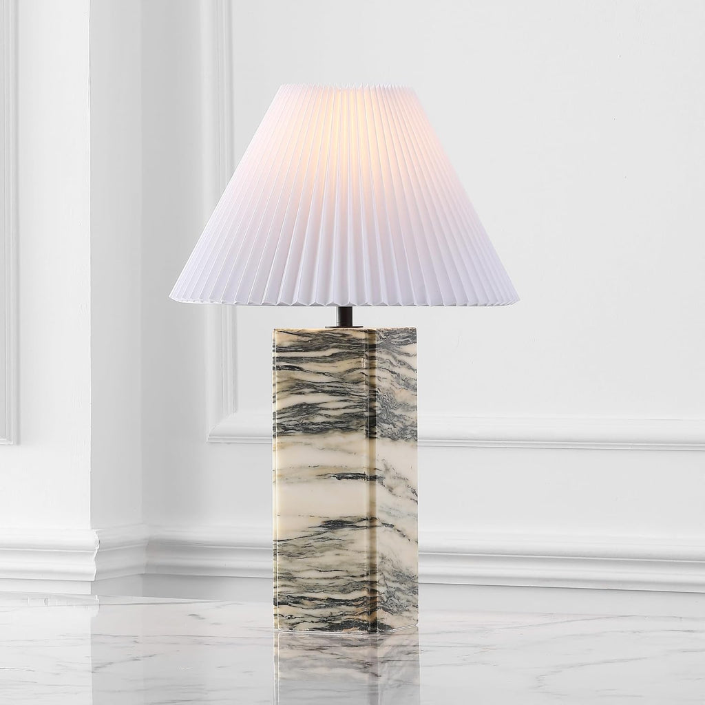 SAFAVIEH Couture Lighting Collection Mackenzie Cream/White Marble Square 25-inch Table Lamp for Bedroom Living Room Home Office Desk Nightstand (LED Bulb Included)