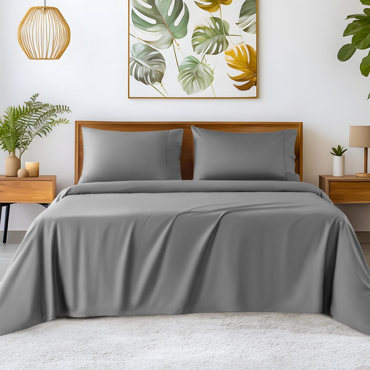 SONORO KATE 100% Egyptian Cotton Sheets - 1200 Thread Count, Luxury & Cooling Hotel Cotton Bed Sheets Set 4 Piece, Sateen Weave for Soft Feel, Fits Upto 16' Mattress (Grey, Full)