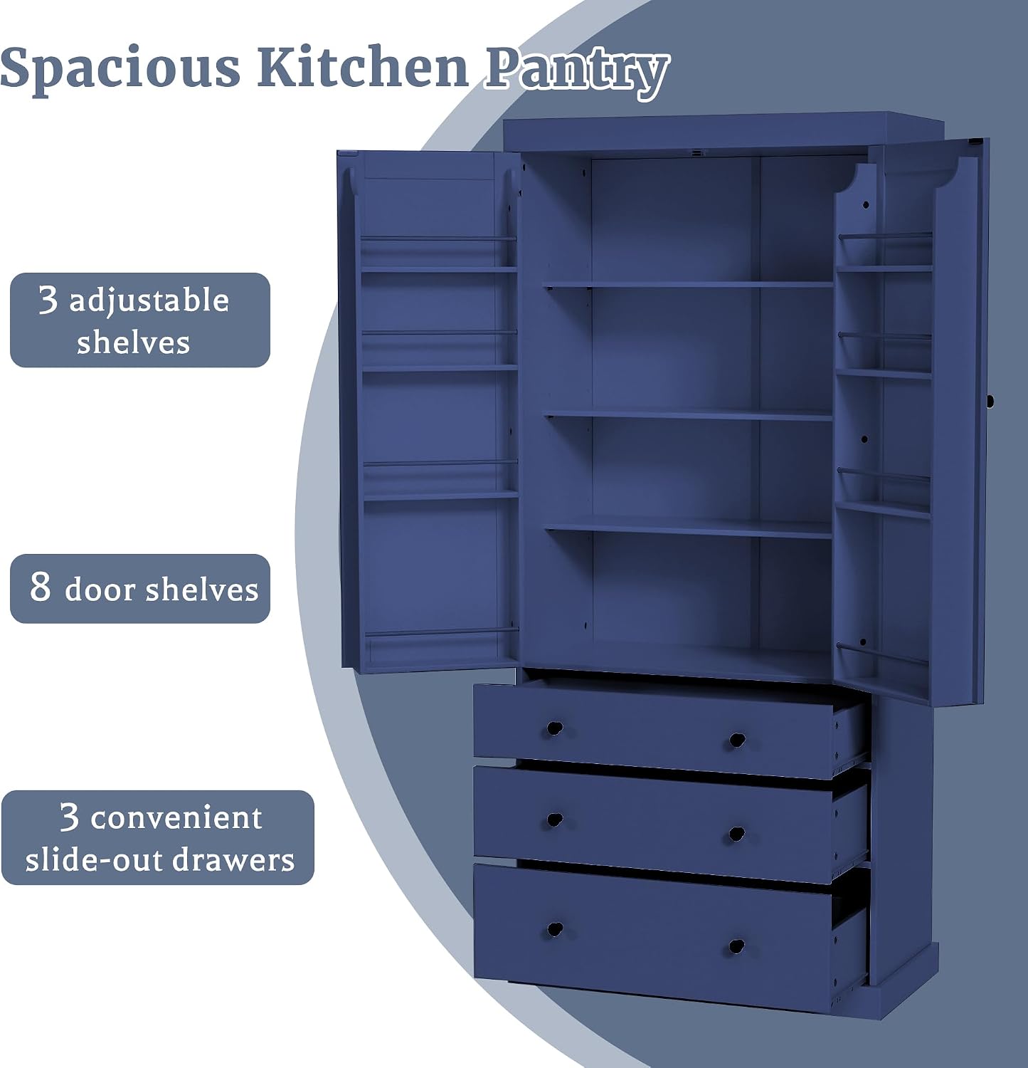 77inch Farmhouse Kitchen Pantry, Wood Storage Cabinet with 3 Adjustable Shelves, Freestanding Tall Cupboard Storage Cabinet with 8 Door Shelves and 3 Drawers for Kitchen, Dining Room