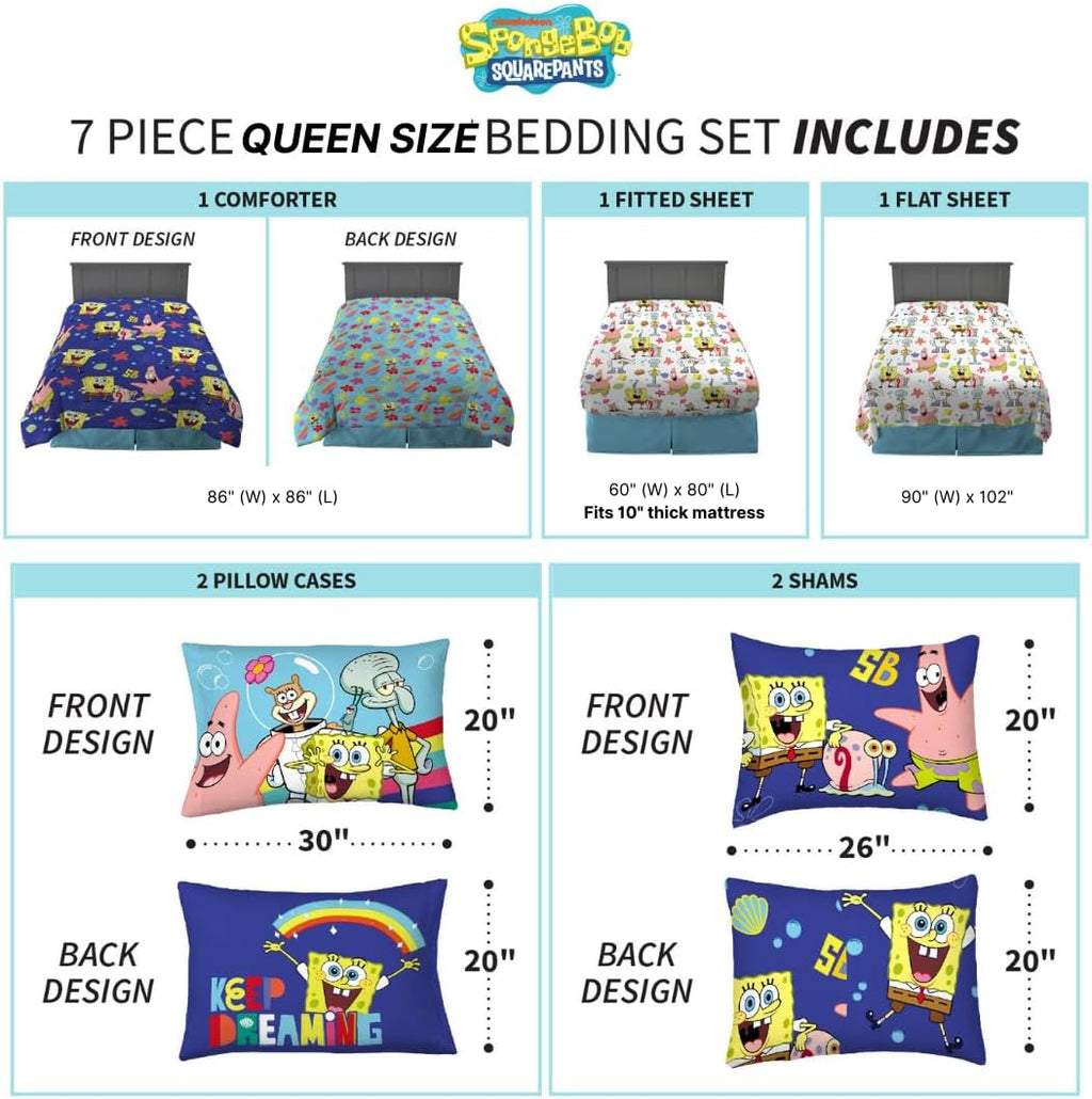 Spongebob Squarepants Kids Bedding Super Soft & Cozy Reversible Microfiber Comforter and Sheet Set with Sham, 7 Piece Queen Size, (Officially Licensed Product) by Franco