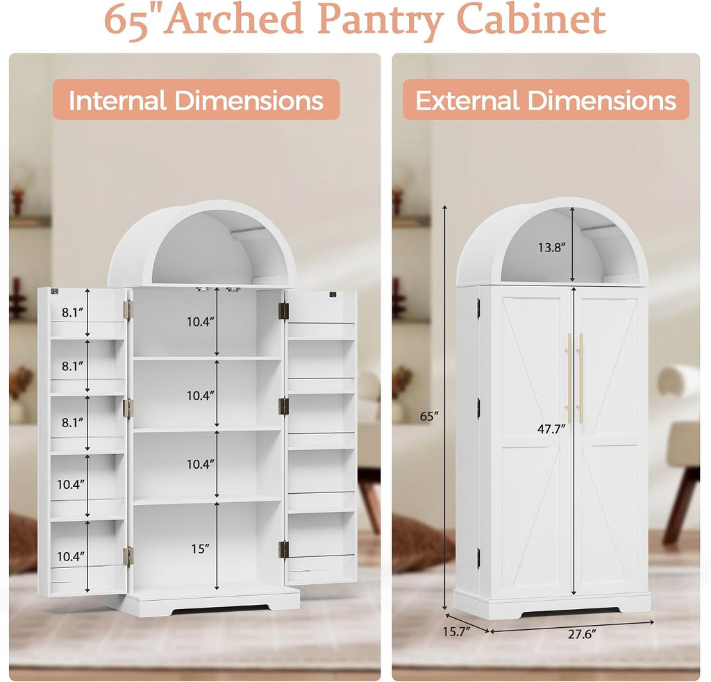 65''H Kitchen Storage Cabinet Pantry with 4 Large Storage Compartment & 10 Door Shelves, Free Standing Pantry Cabinet with Barn Doors Tall Kitchen Cabinet for Dining Room, Living Room, White