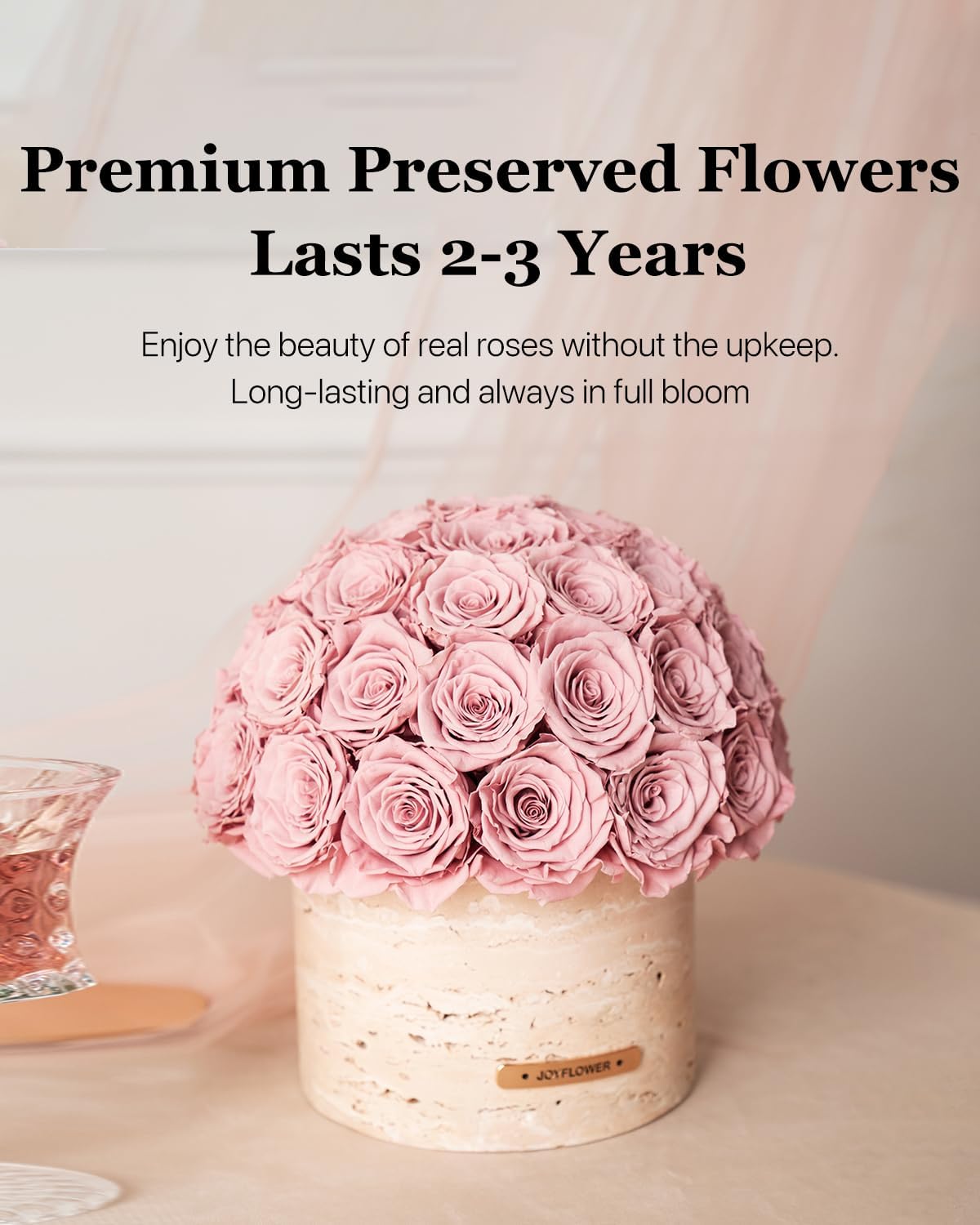 JoyFlower Preserved Flowers Vase, Yellow Travertine Vase with Forever Flowers Decor for Table Centerpieces, Pink Eternal Flower Vase Decorations for Party Home Living Room Bedroom House Coffee Shop