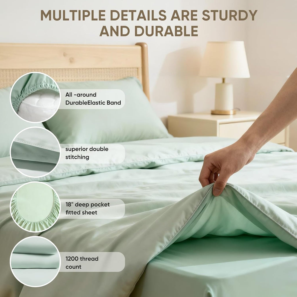 TWK 1200 Thread Count 100% Egyptian Cotton Sheets Bed Set,Thickness,Long-Lasting Durability,Resists Pilling,Deep Pocket Up to 18',with a Laundry Bag (Mineral, Queen)