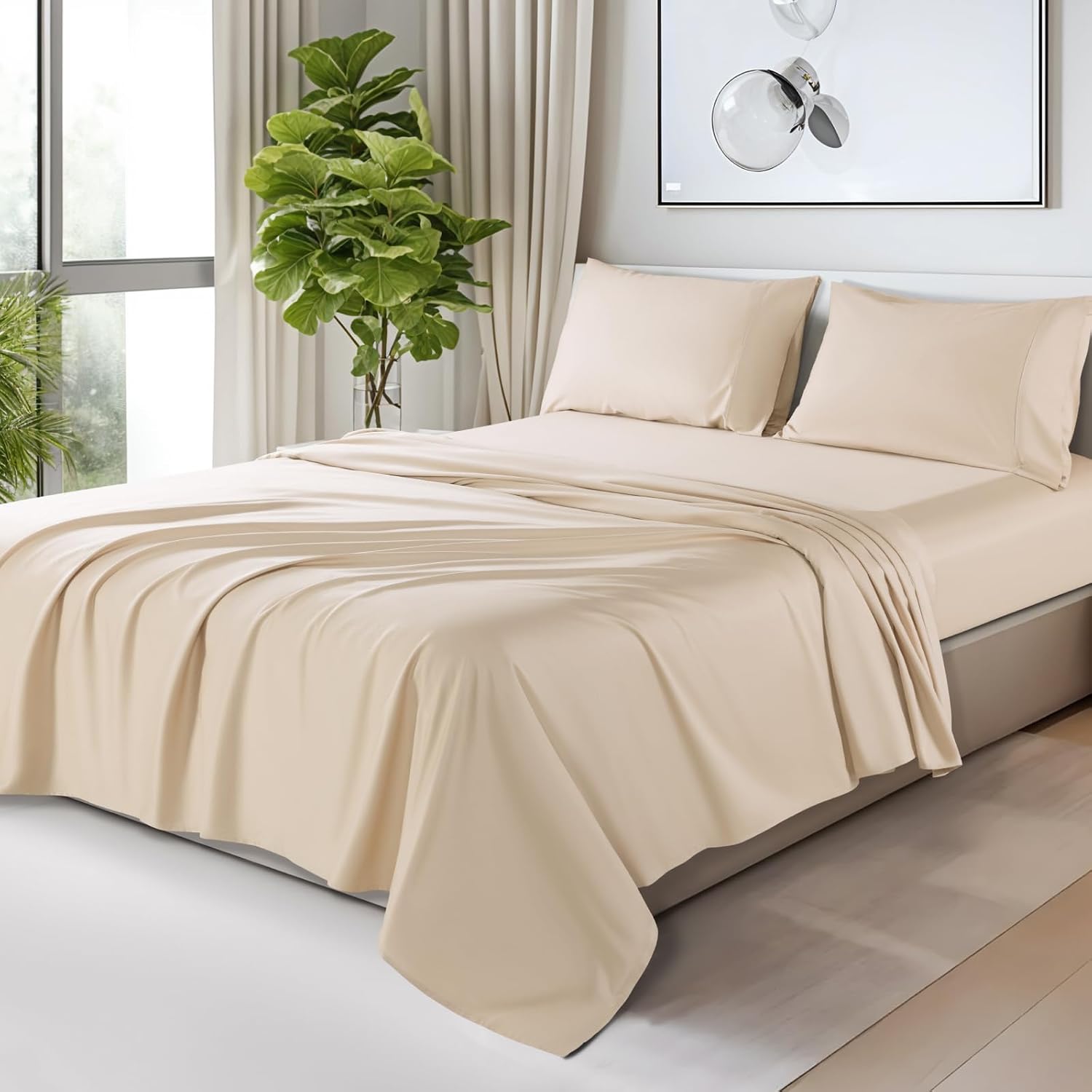 SONORO KATE 100% Egyptian Cotton Sheets - 1200 Thread Count, Luxury & Cooling Hotel Cotton Bed Sheets Set 4 Piece, Sateen Weave for Soft Feel, Fits Upto 16' Mattress (Beige, King)