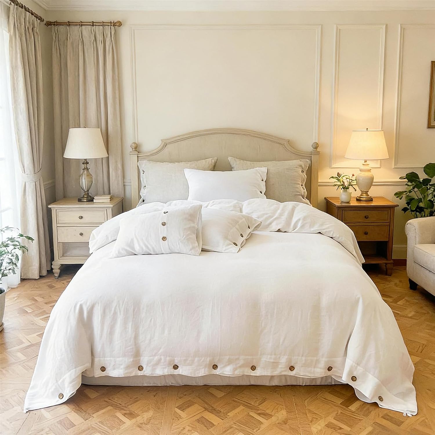 Simple&Opulence 100% Linen Duvet Cover Set 2pcs with Coconut Button Closure Natural French Washed Flax Solid Color Soft Breathable Farmhouse Bedding - White, Twin Size