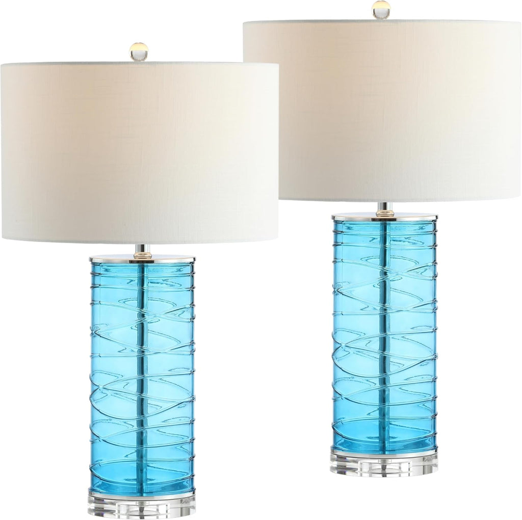 JONATHAN Y 27.5' Turquoise Modern Fused Glass Table Lamp Set of 2 for Bedroom Living Room, Coastal Nightstand Bedside Lamp with White Linen Shade, LED Bulbs Included JYL4016A-SET2