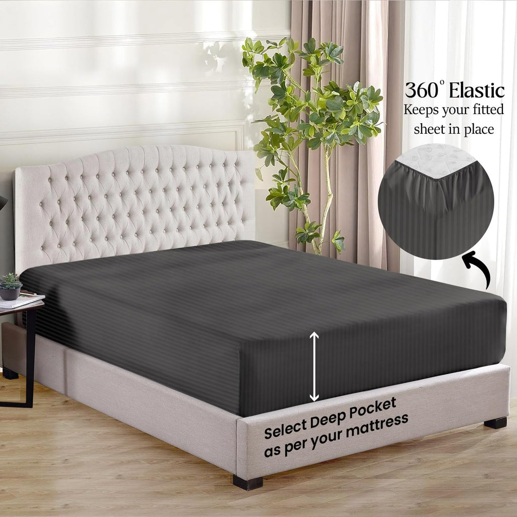1000 Series- Extra Long Staple 100% Egyptian Cotton Sheet Set,Sateen Weave, Hotel Quality Soft Luxury Bedding, Queen Size 4 Piece Sheet Set Fit 15' Inch to 18' Deep Stripe Grey